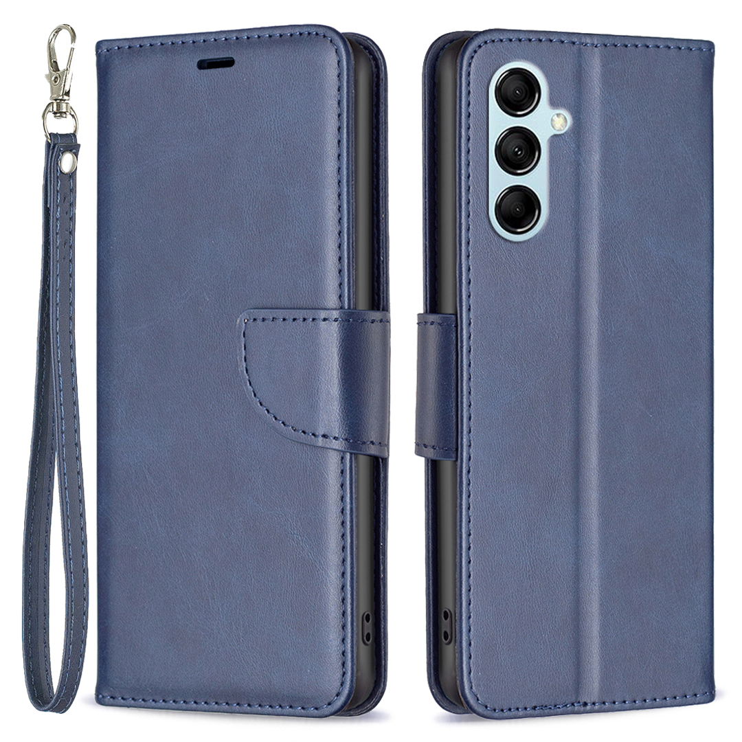 

For Samsung Galaxy M14 5G Solid Color Textured PU Leather Wallet Stand Shell Phone Protector Case with Strap - Blue, Galaxy M14 5G