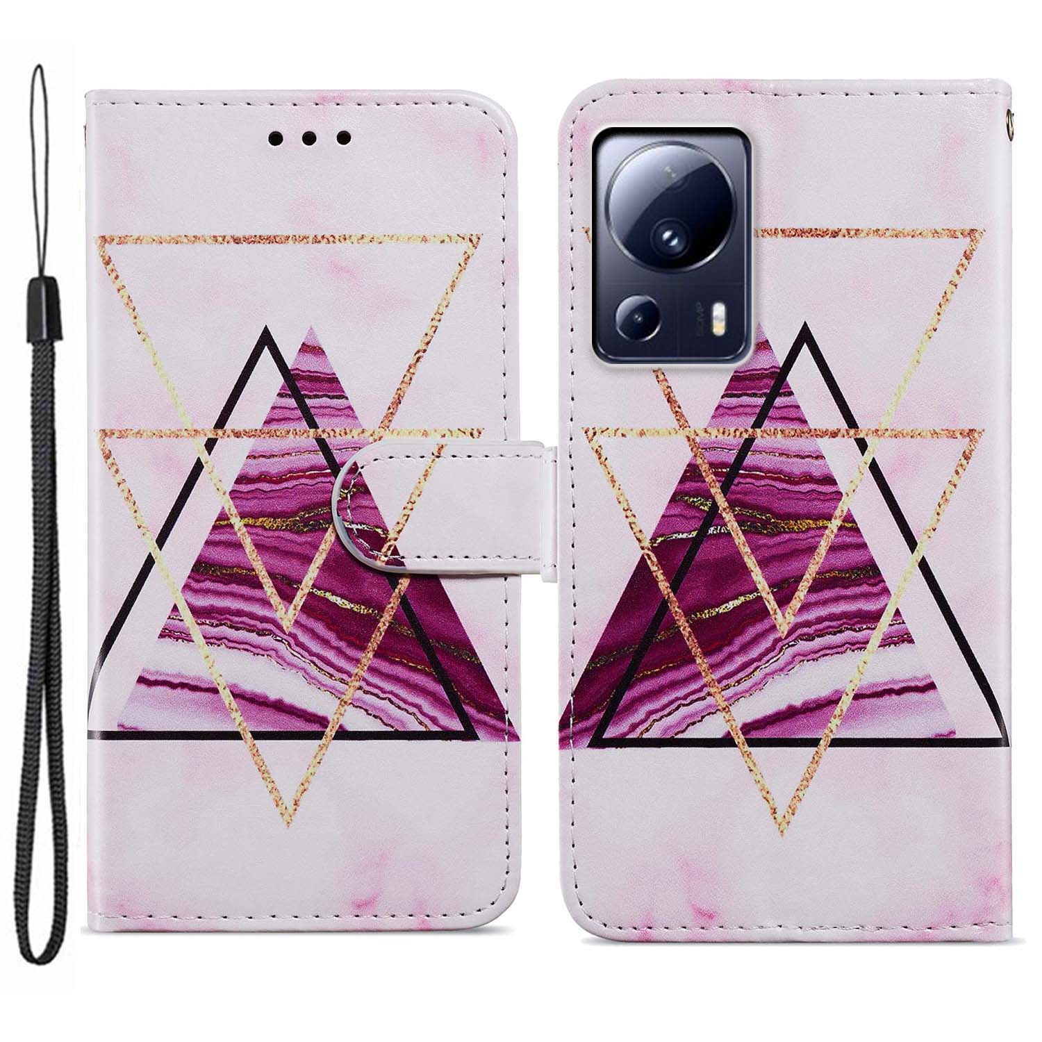 

Für Xiaomi 13 Lite Muster Druckphase Abdeckung PU Leder -ständer Brieftasche Mit Riemen - Tri-color Marmor, Xiaomi 13 Lite