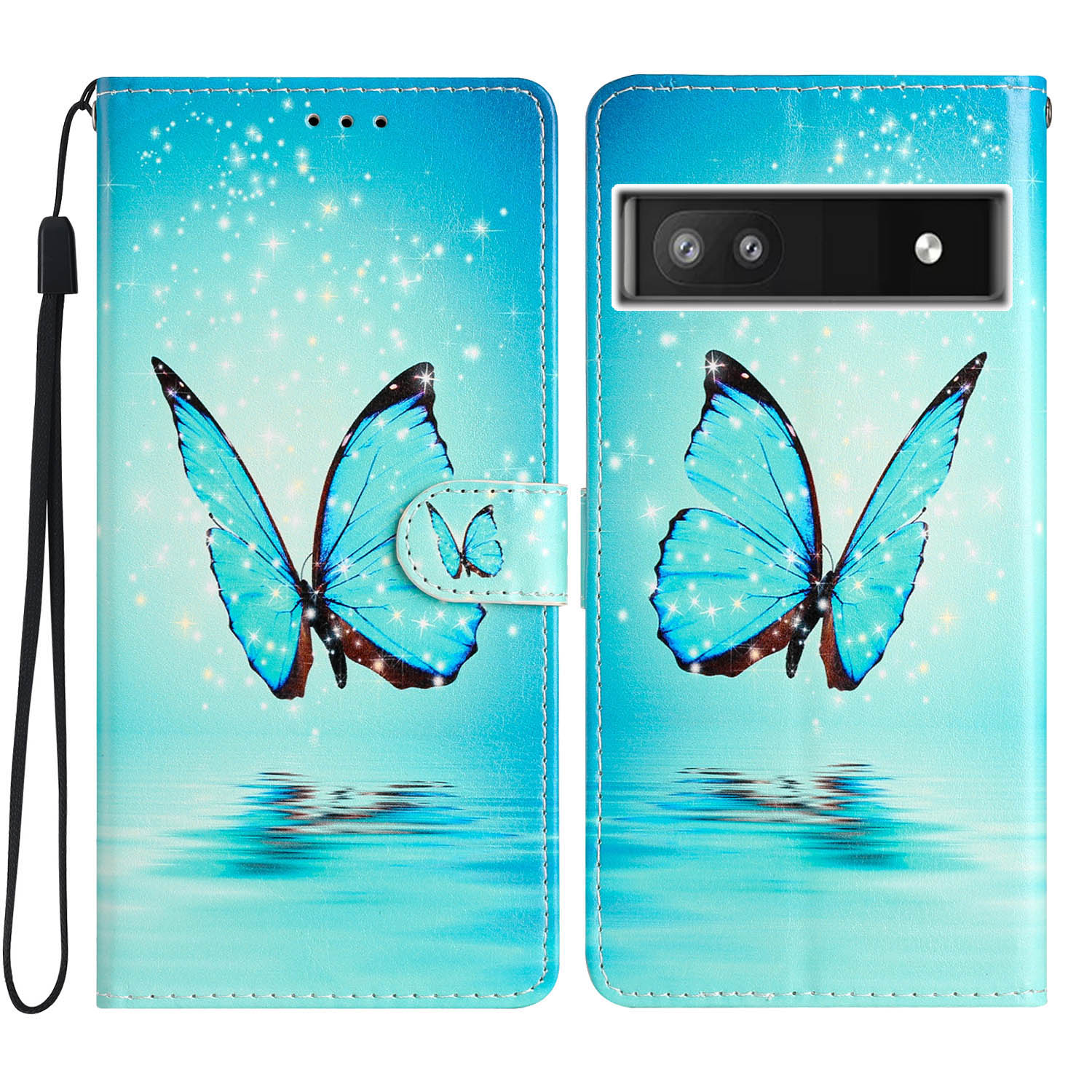 

Für Google Pixel 6a Stand Wallet Phone Haufen Muster Druck PU Lederabdeckung Mit Riemen - Blauer Schmetterling, Google Pixel 6a