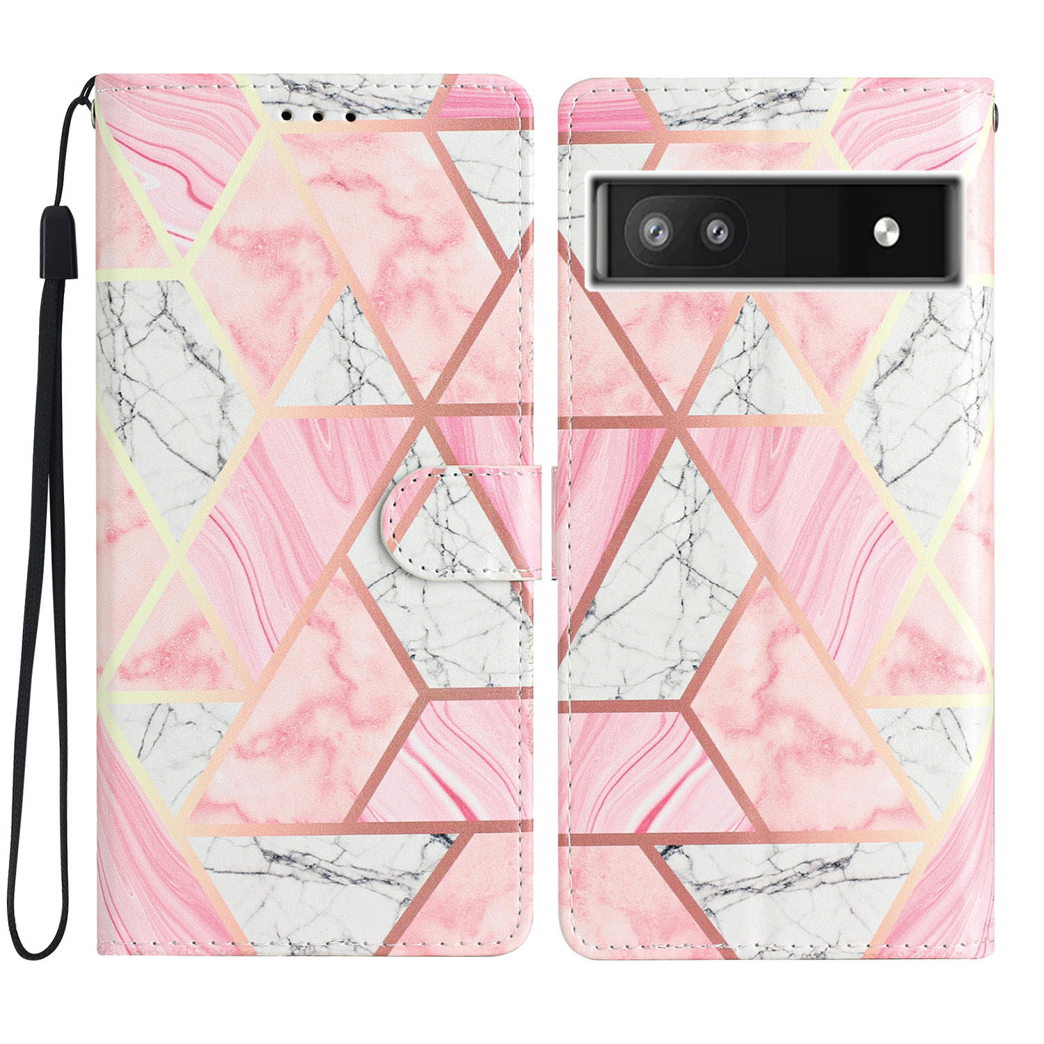 

Für Google Pixel 6a Stand Wallet Phone Haufen Muster Druck PU Lederabdeckung Mit Riemen - Rosa Marmor, Google Pixel 6a