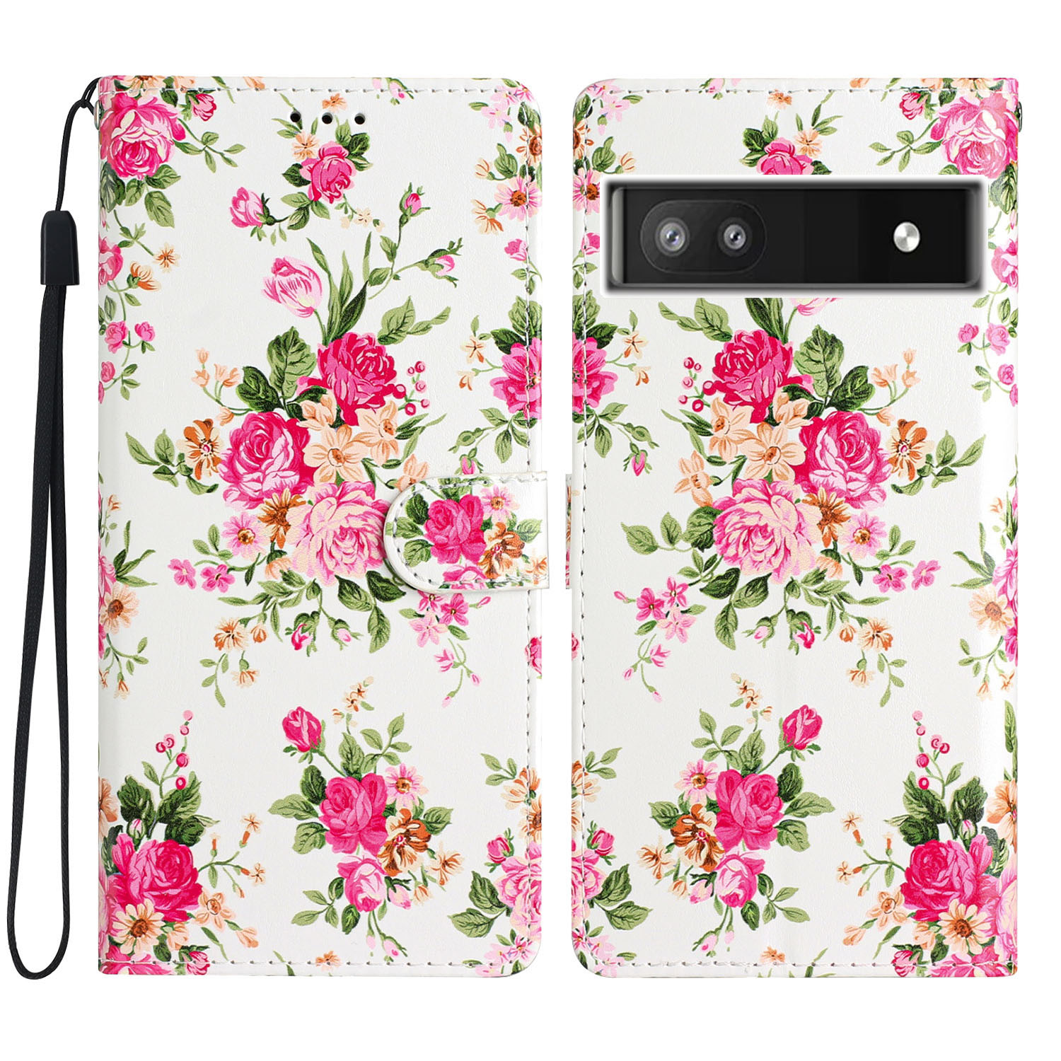 

Für Google Pixel 6a Stand Wallet Phone Haufen Muster Druck PU Lederabdeckung Mit Riemen - Rote Blumen, Google Pixel 6a