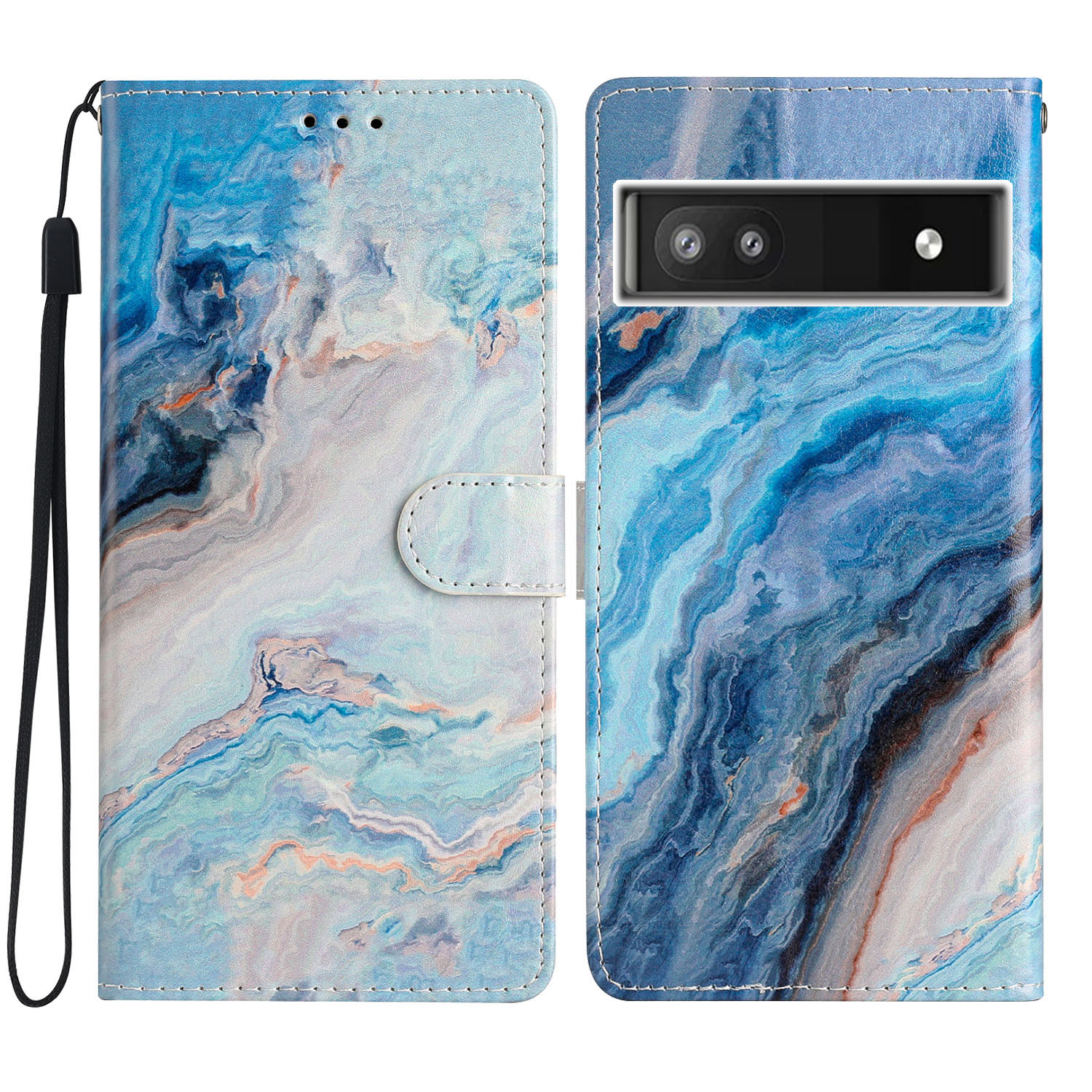 

Für Google Pixel 6a Stand Wallet Phone Haufen Muster Druck PU Lederabdeckung Mit Riemen - Blauer Marmor, Google Pixel 6a