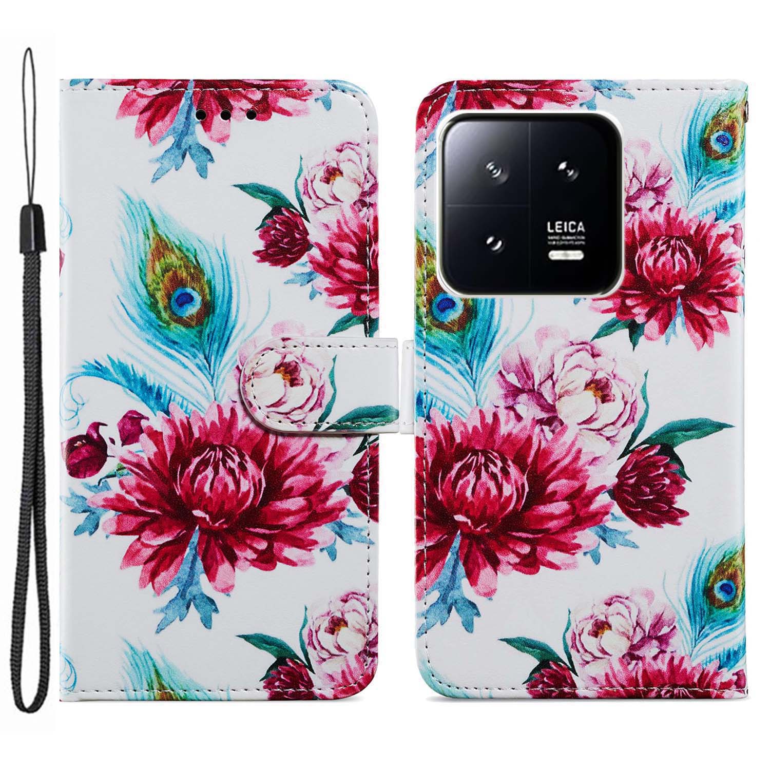 

Lederständer Telefonhülle Für Xiaomi 13 5g, Muster Druckbrieftasche Telefonabdeckung Mit Riemen - Pfauenblume, Xiaomi 13