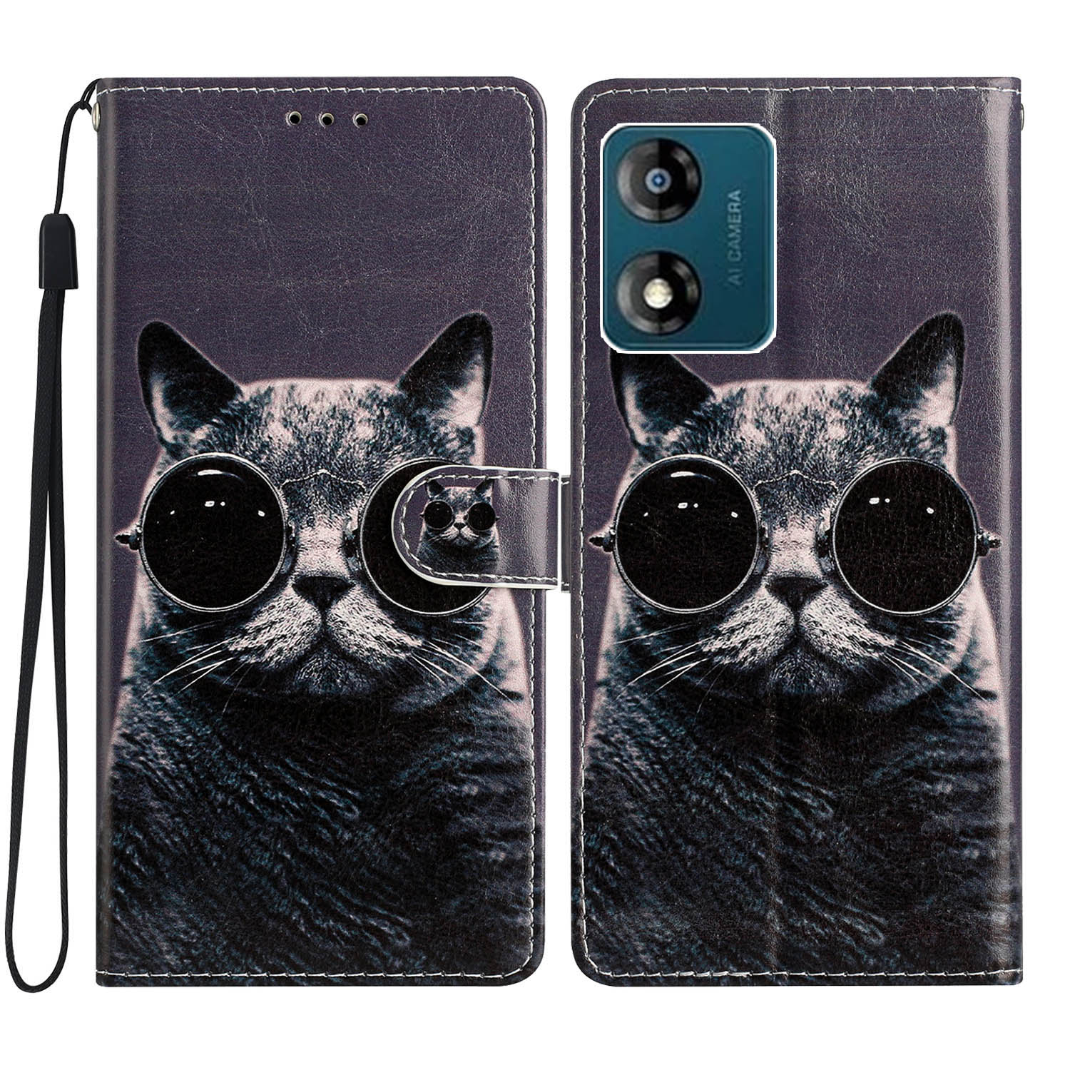 

Für Motorola Moto E13 4G PU Ledermuster Druckphase Hülle Brieftasche Flip Telefonabdeckung Mit Riemen - Brille Katze, Motorola Moto E13 4G