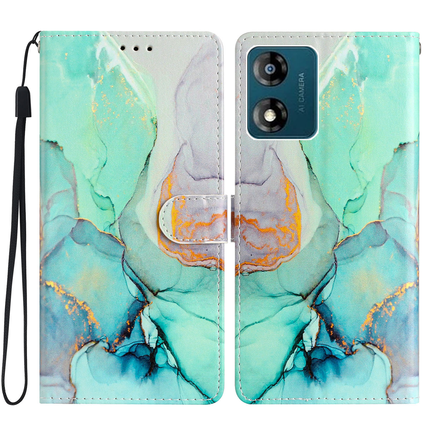 

Für Motorola Moto E13 4G PU Ledermuster Druckphase Hülle Brieftasche Flip Telefonabdeckung Mit Riemen - Grüner Marmor, Motorola Moto E13 4G