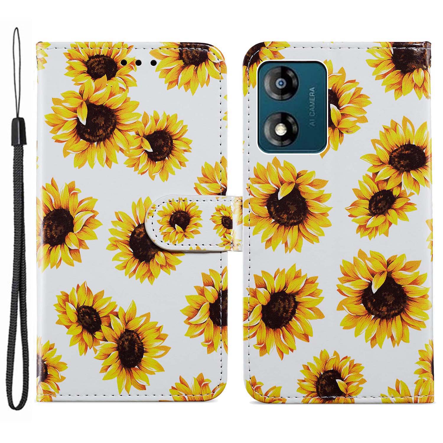 

Für Motorola Moto E13 4G PU Ledermuster Druckphase Hülle Brieftasche Flip Telefonabdeckung Mit Riemen - Sonnenblume, Motorola Moto E13 4G