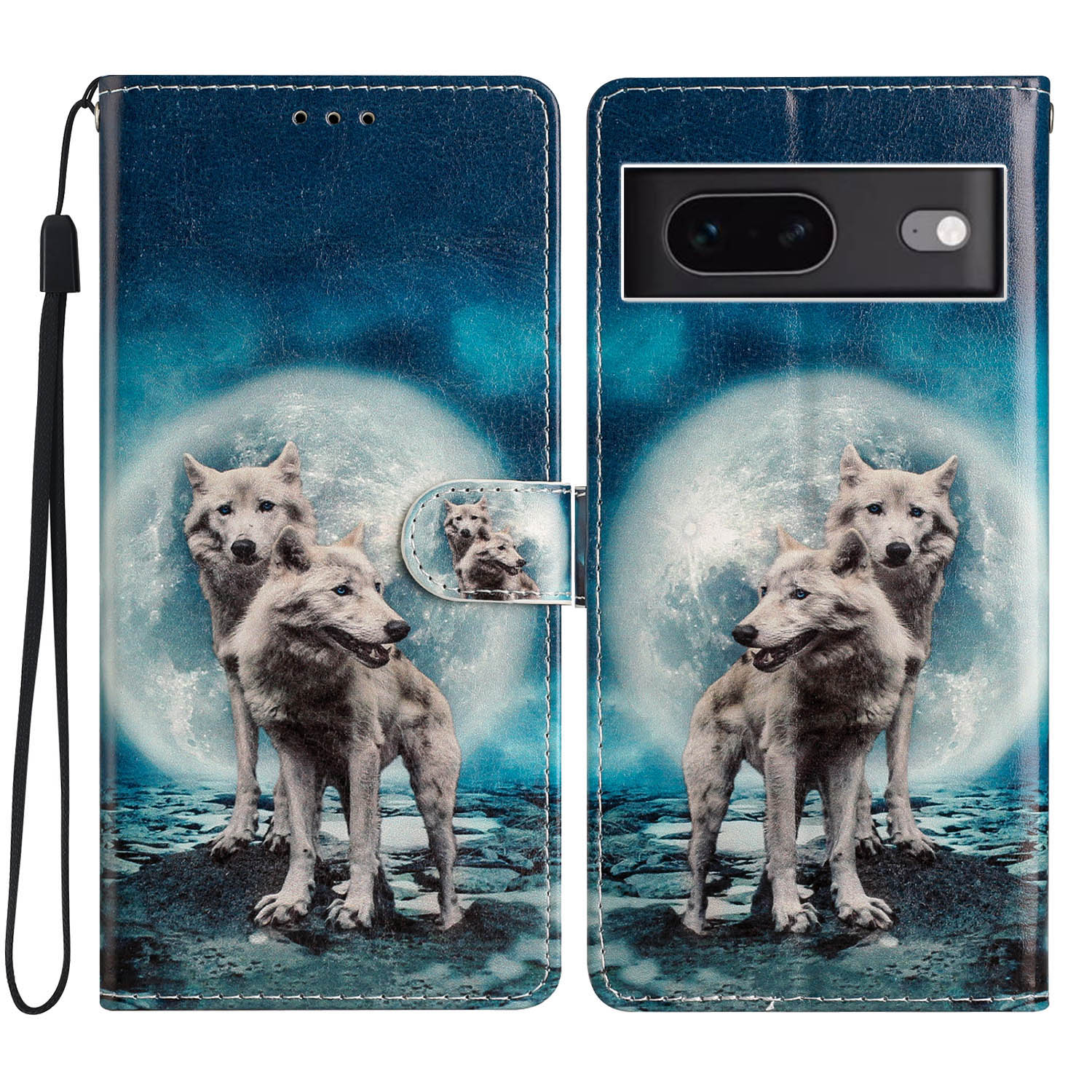 

Für Google Pixel 7 5G PU Leder Muster Druckphase Wallet Stand Flip Folio Cover - Zwei Wölfe, Google Pixel 7 5G