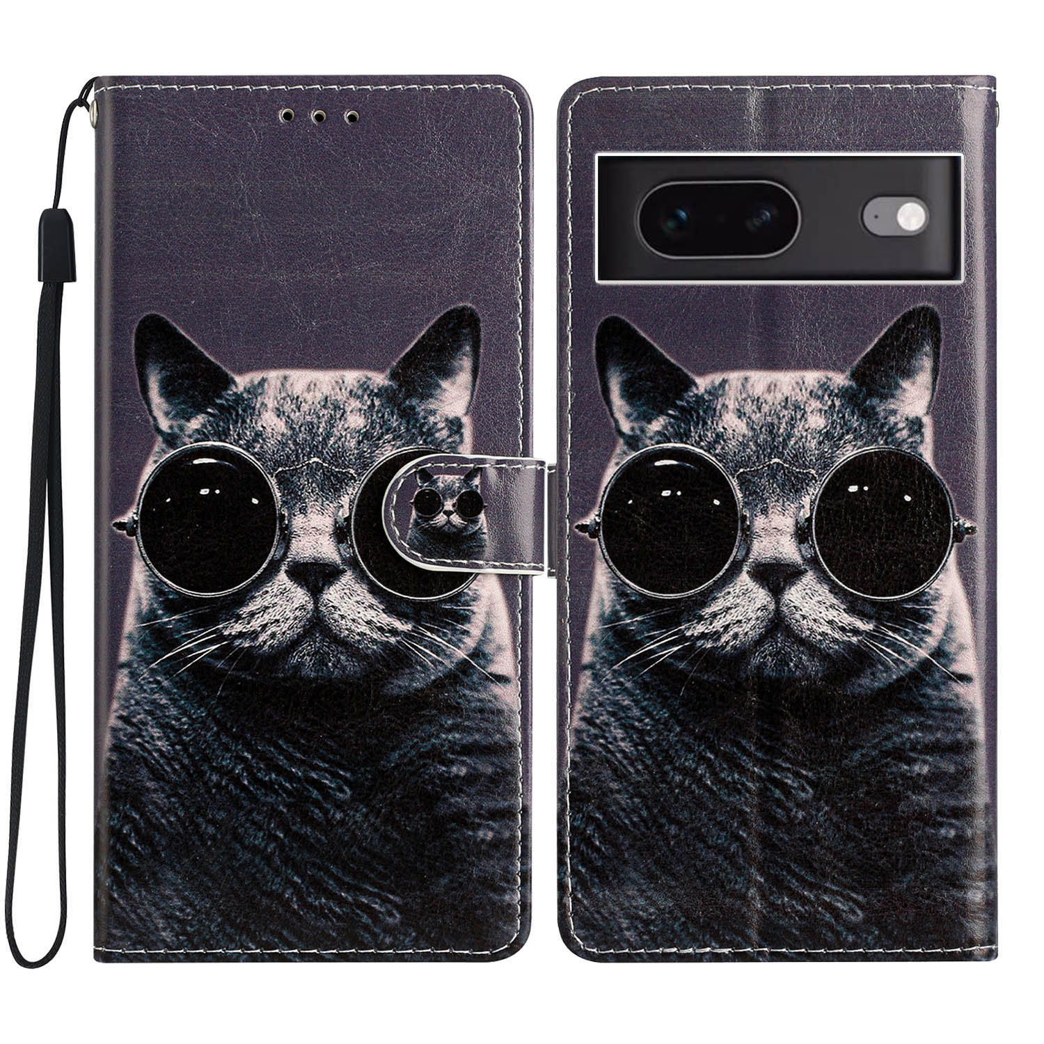 

Für Google Pixel 7 5G PU Leder Muster Druckphase Wallet Stand Flip Folio Cover - Brille Katze, Google Pixel 7 5G