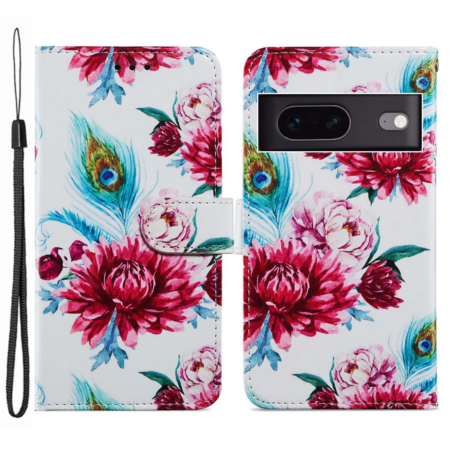 

Für Google Pixel 7 5G PU Leder Muster Druckphase Wallet Stand Flip Folio Cover - Pfauenblume, Google Pixel 7 5G