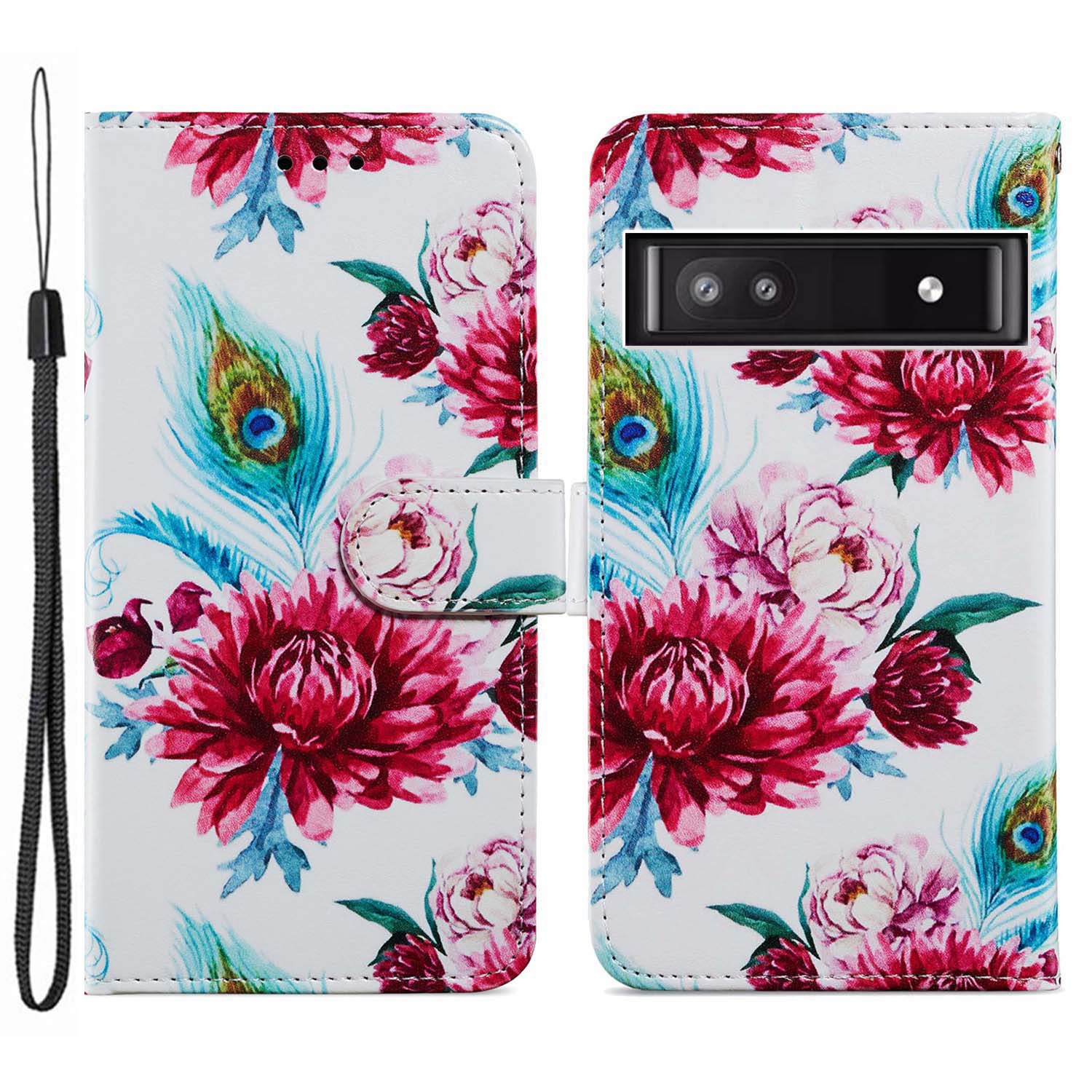 

Für Google Pixel 7a Pu-ledermuster-druck Telefonabdeckung Brieftasche Anti-drogen-schutzhülle - Pfauenblume, Google Pixel 7a
