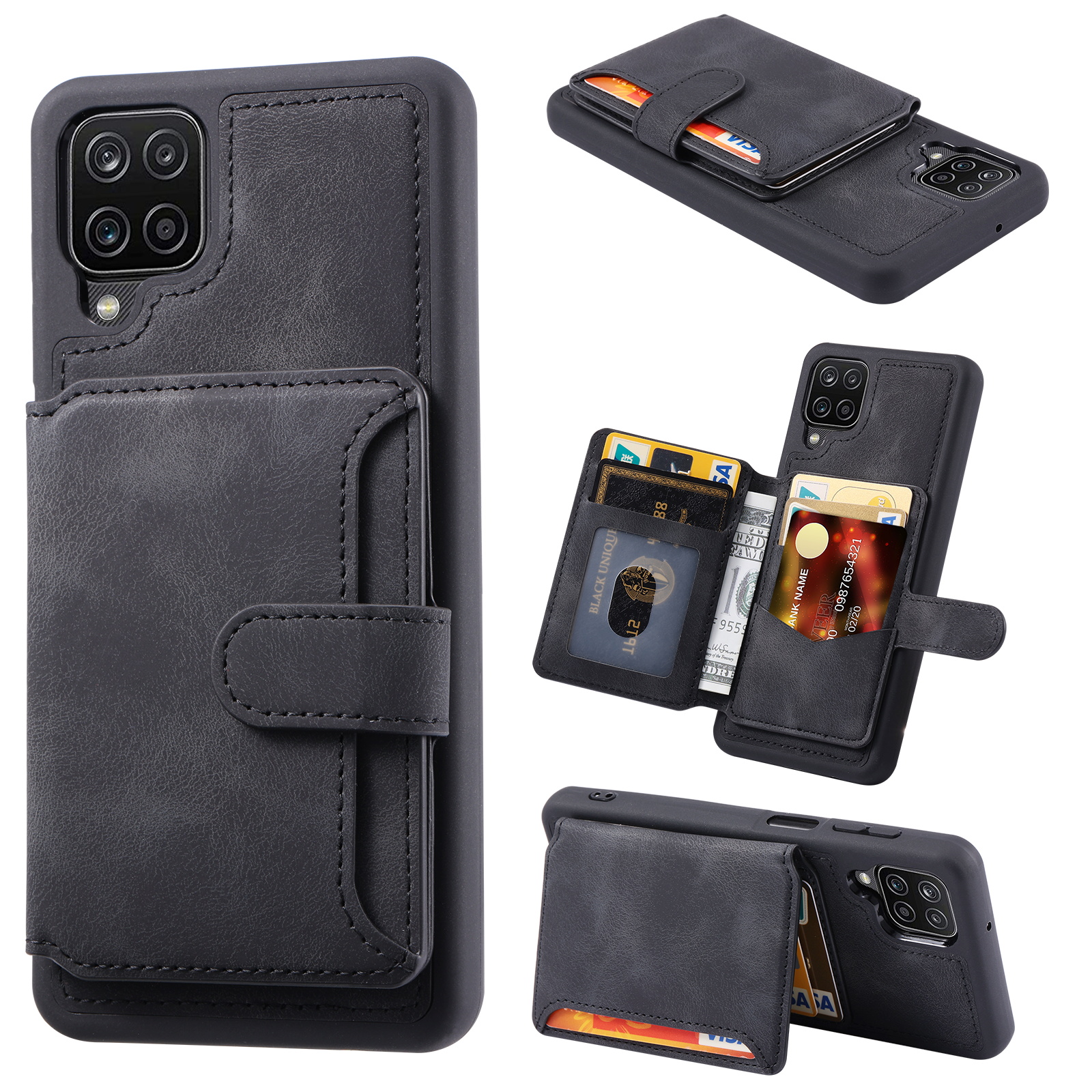 

Für Samsung Galaxy A12 / M12 RFID Blockierende Telefonhülle Lederbeschichtete TPU -abdeckung Mit Kickständer Brieftasche - Schwarz, Galaxy A12