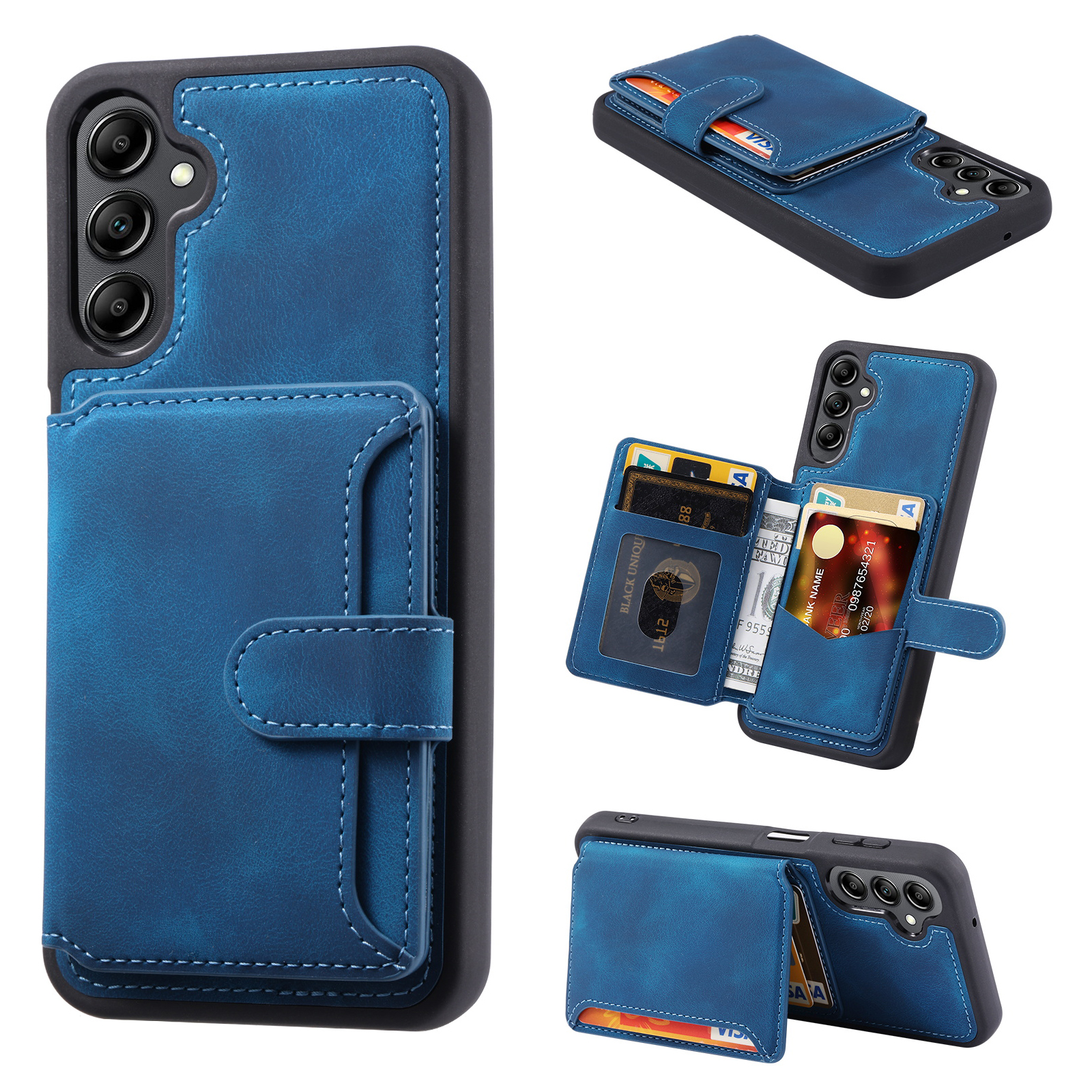 

Für Samsung Galaxy A14 5G RFID Blocking Phone Cover Kickstand Wallet Lederschicht TPU Hülle - Navy Blau, Galaxy A14 5G