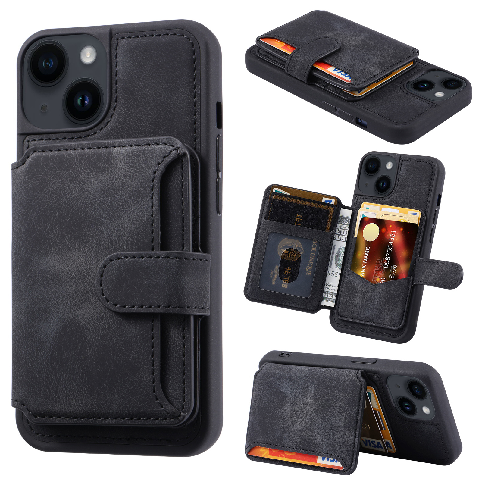 

RFID -blockierung Telefonhülle Für Iphone 13, Brieftasche Kickstand Lederbeschichtete TPU -rückenabdeckung - Schwarz, iPhone 13