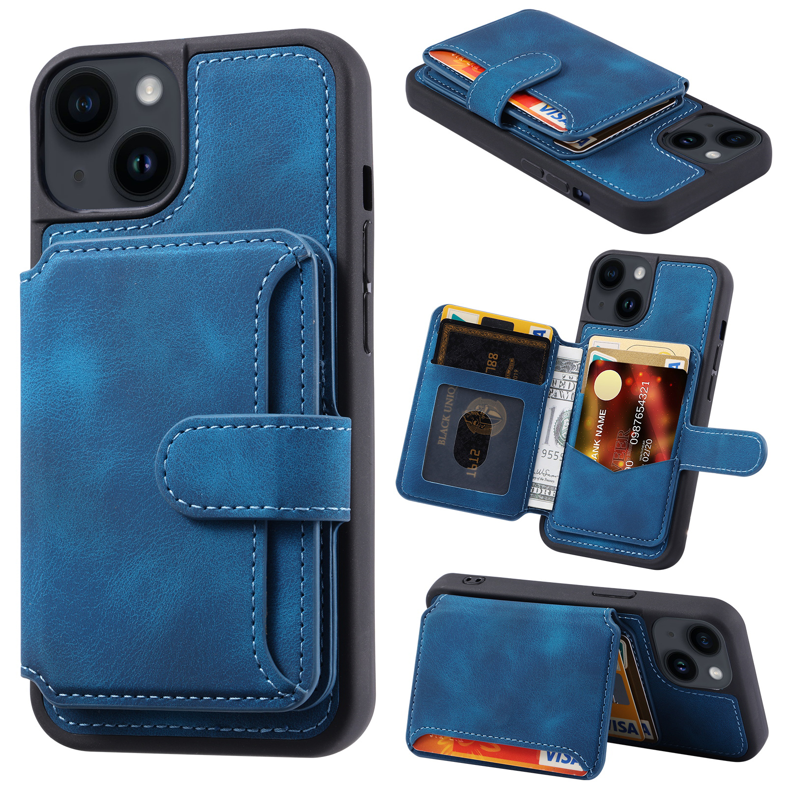 

RFID -blockierung Telefonhülle Für Iphone 13, Brieftasche Kickstand Lederbeschichtete TPU -rückenabdeckung - Navy Blau, iPhone 13