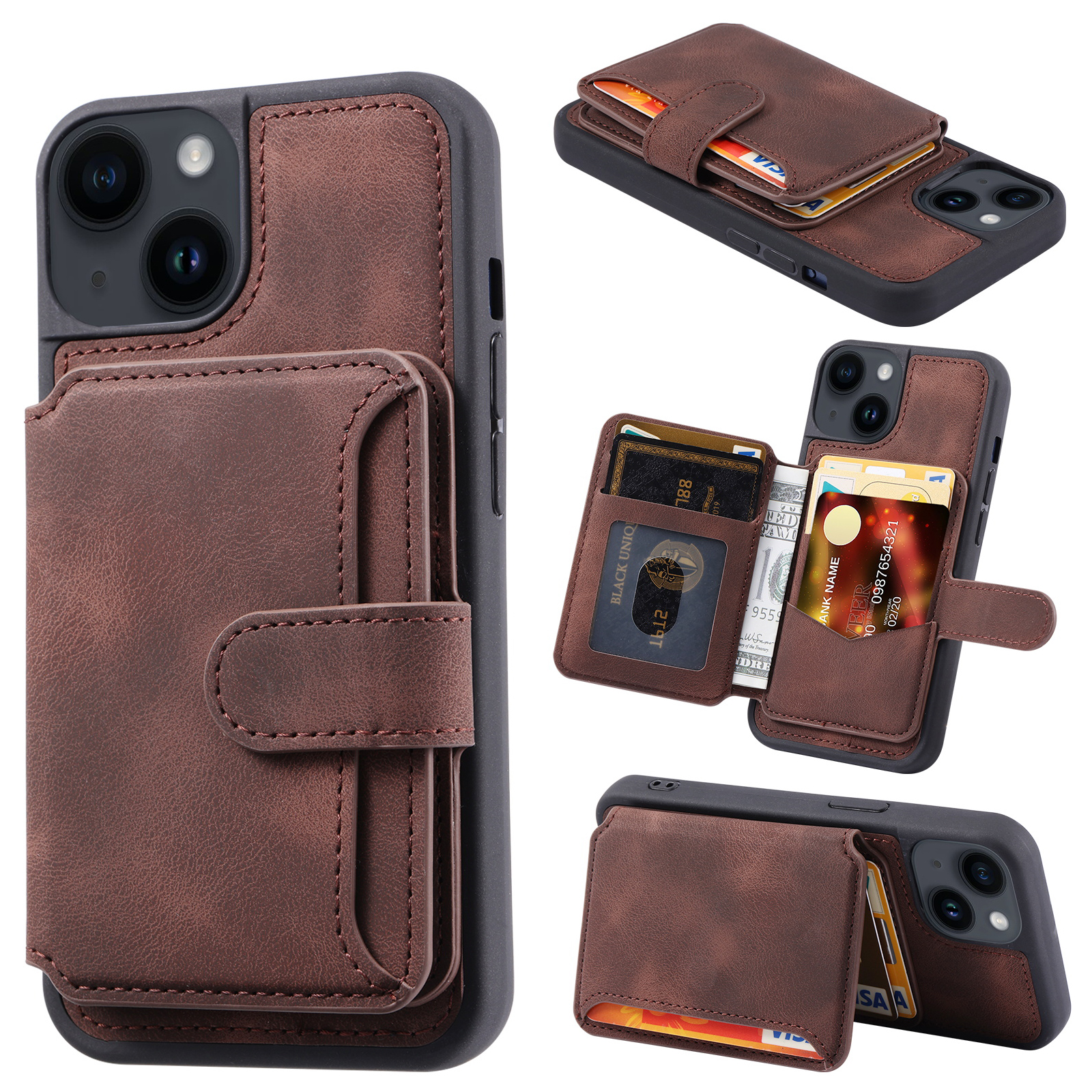 

RFID -blockierung Telefonhülle Für Iphone 13, Brieftasche Kickstand Lederbeschichtete TPU -rückenabdeckung - Kaffee, iPhone 13