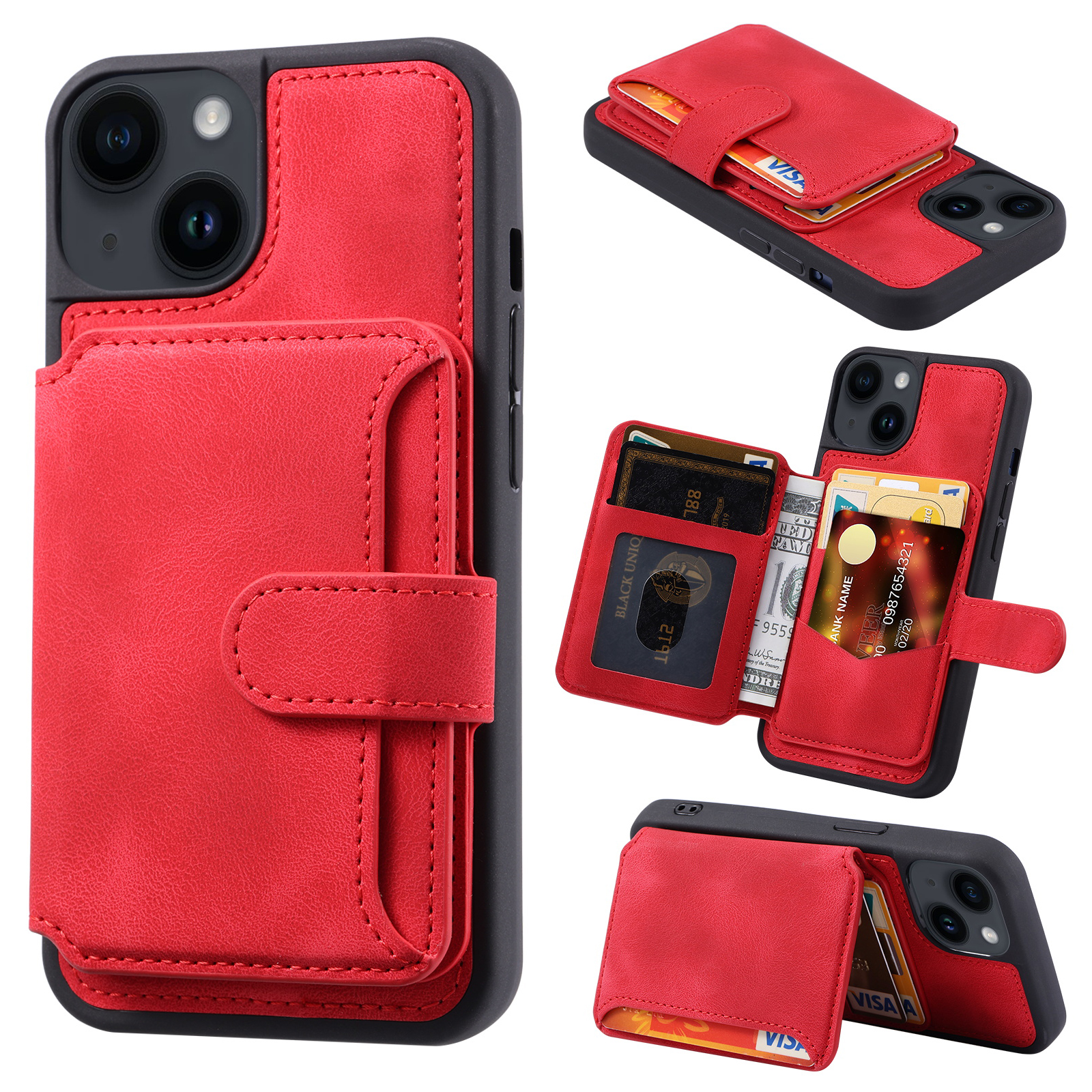 

RFID -blockierung Telefonhülle Für Iphone 13, Brieftasche Kickstand Lederbeschichtete TPU -rückenabdeckung - Rot, iPhone 13