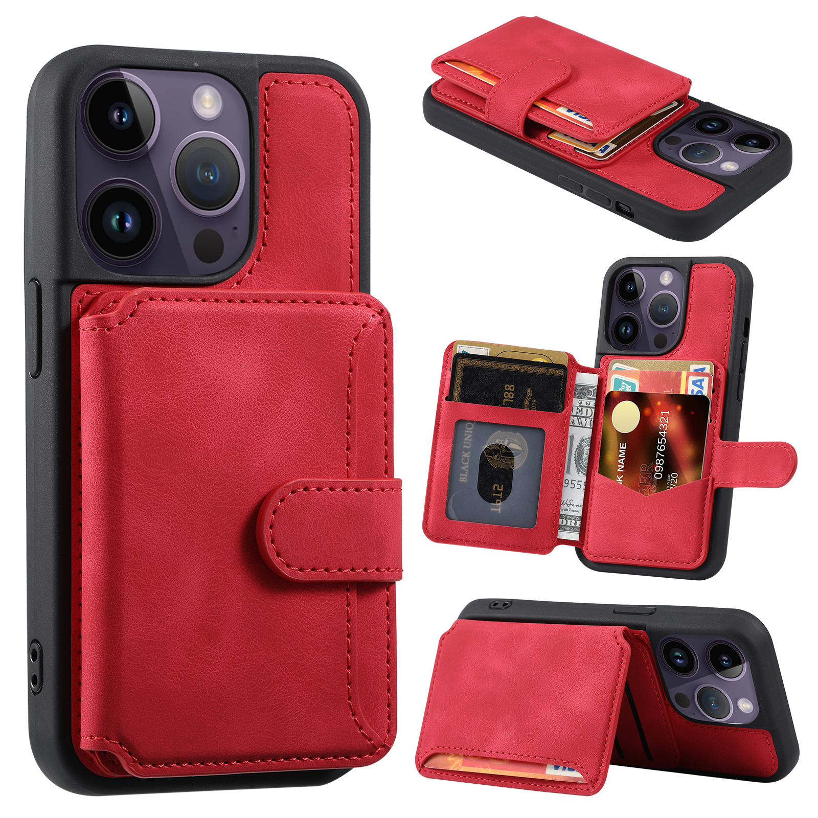 

Für Iphone 13 Pro RFID Blocking Phone Hülle Lederbeschichtete TPU -abdeckung Mit Wallet -kickstand - Rot, iPhone 13 Pro
