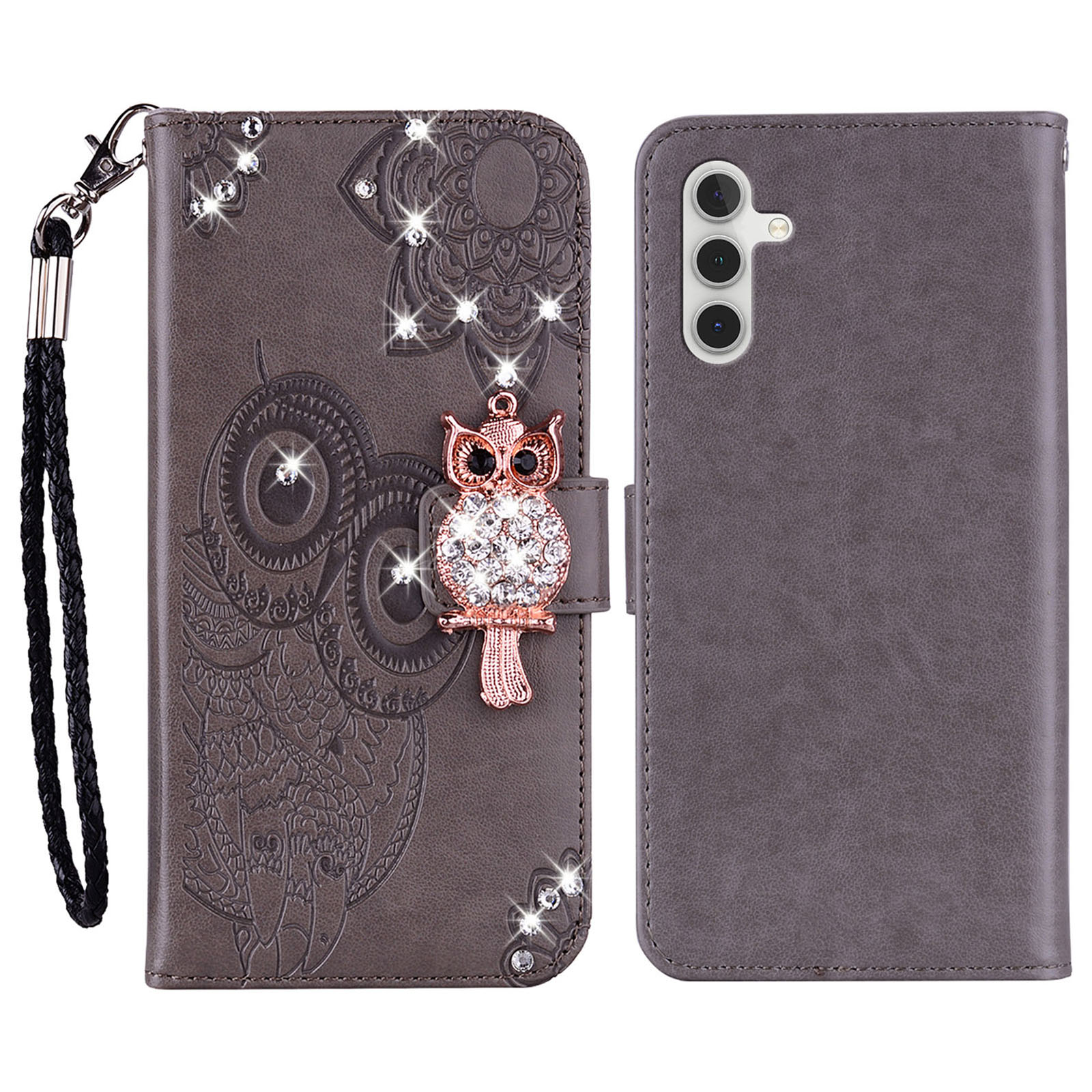 

Für Samsung Galaxy A34 5G Strass -pu -leder -ständer Brieftaschenhülle Gedruckte Eulenblumenblumen -decke - Grau, Galaxy A34 5G