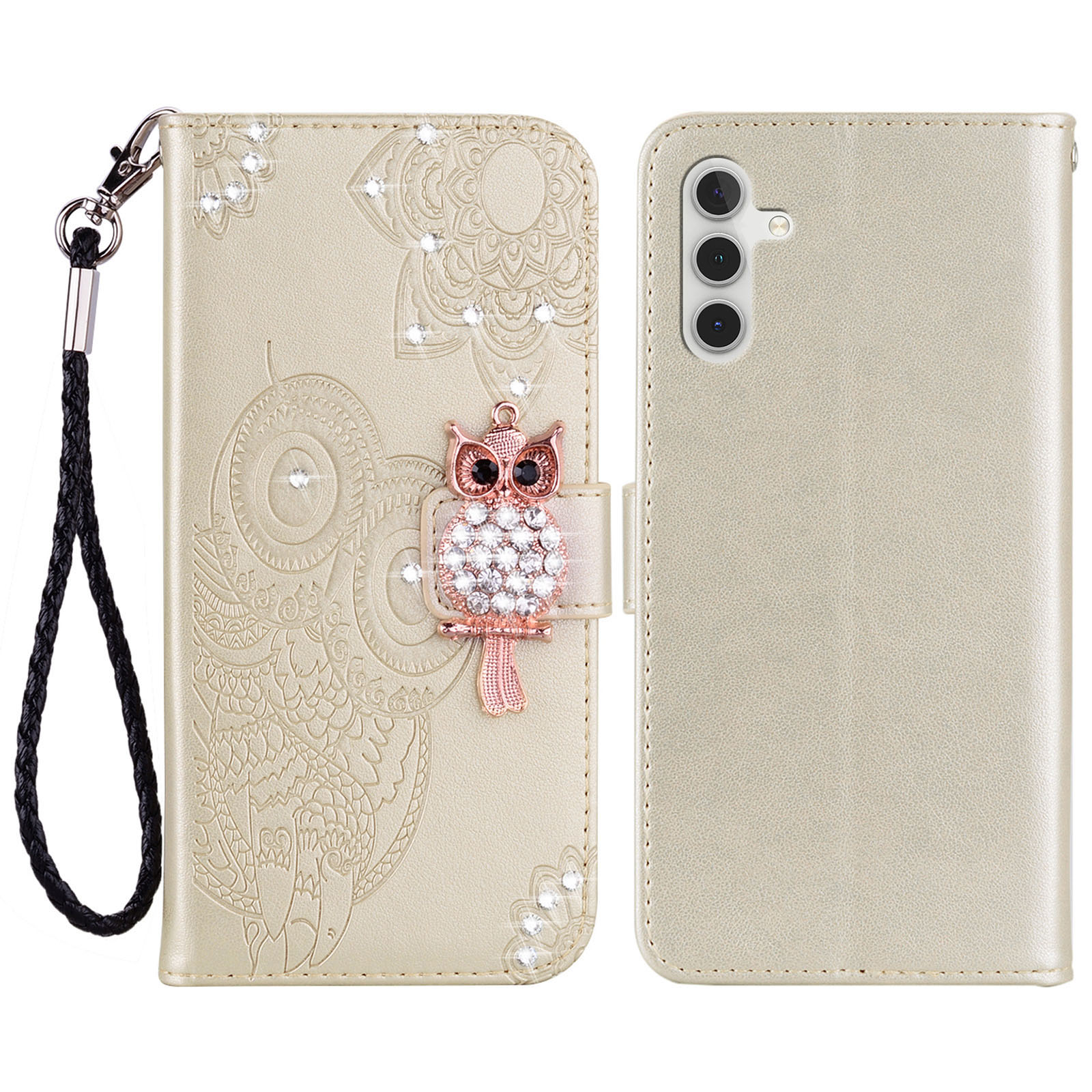 

Für Samsung Galaxy A34 5G Strass -pu -leder -ständer Brieftaschenhülle Gedruckte Eulenblumenblumen -decke - Gold, Galaxy A34 5G