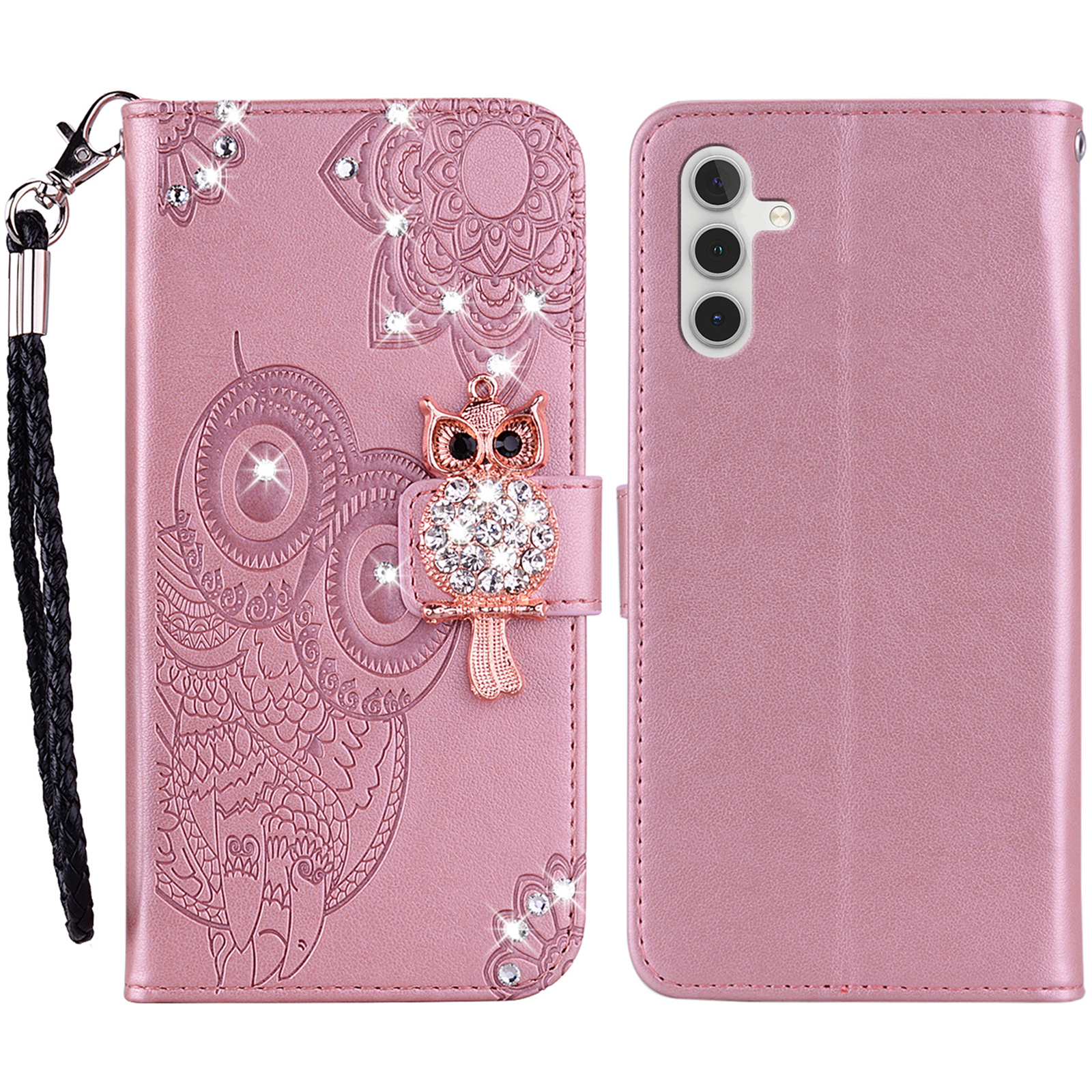 

Für Samsung Galaxy A54 5G Strass -telefonabdeckung Geprinte Eulenblumenlederhülle Mit Ständer Brieftasche - Roségold, Galaxy A54 5G