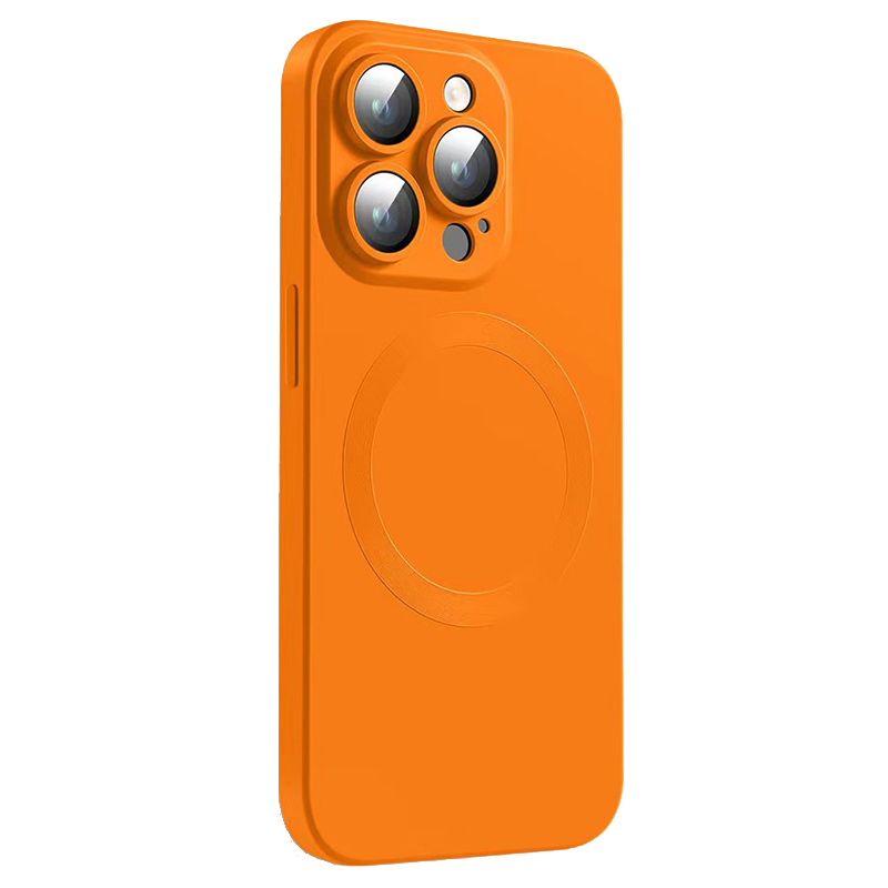 

For iPhone 14 Pro Liquid Silicone Phone Case Compatible with MagSafe, Tempered Glass Lens Protector Cover - Orange, iPhone 14 Pro