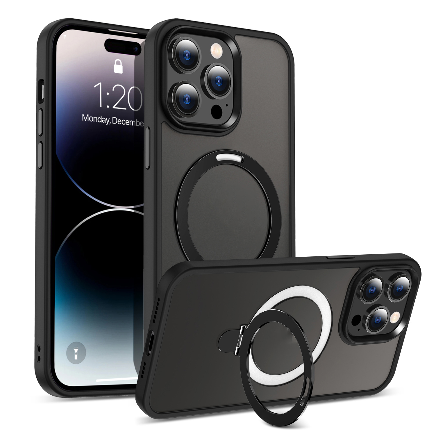 

Für Das Iphone 14 Pro Magnetic Phone Case Kompatibel Mit Magsafe PC+TPU Ring Kickstand Protective Cover - Schwarz, iPhone 14 Pro