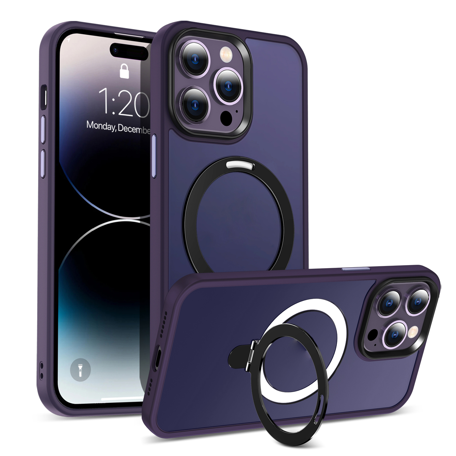 

Für Das Iphone 14 Pro Magnetic Phone Case Kompatibel Mit Magsafe PC+TPU Ring Kickstand Protective Cover - Dunkelviolett, iPhone 14 Pro