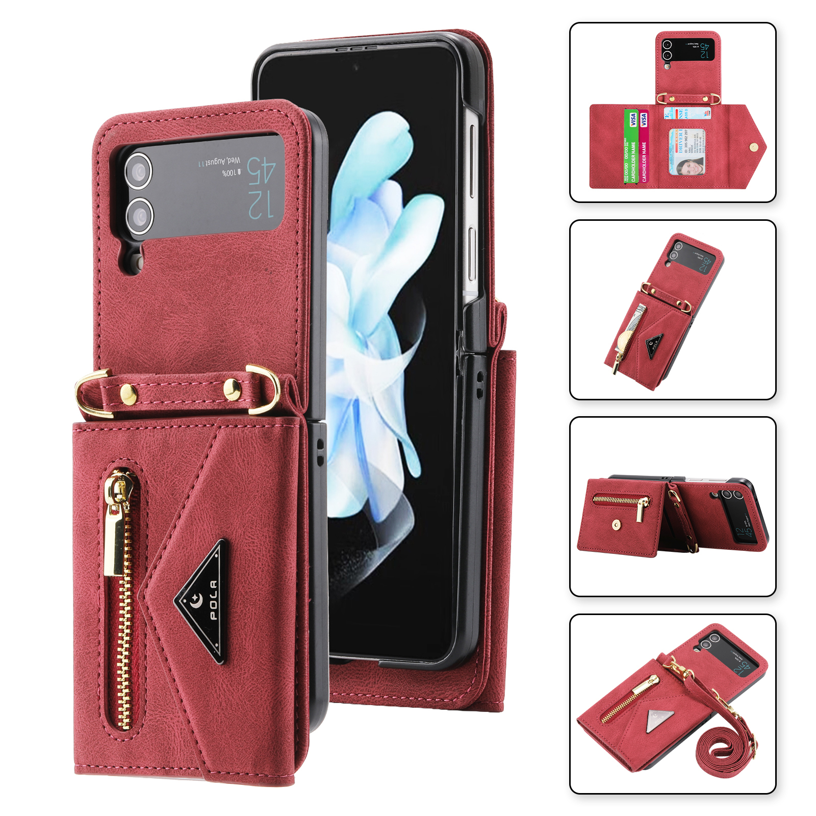 

Pola Für Samsung Galaxy Z Flip4 5G Mehrere Kartensteckplätze Reißverschluss Pocket PU -leder -telefonabdeckung Mit Schultergurt - Rot, Galaxy Z Flip4 5G