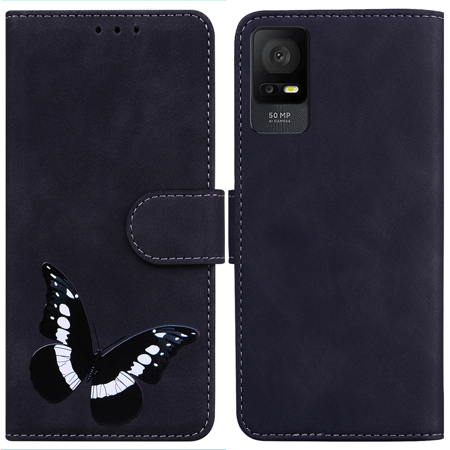 

Für TCL 408 Skin-touch PU Leder Brieftasche Abdeckung Schmetterlingsdruck Flip Ständer Anti-drop-telefonhülle - Schwarz, TCL 408