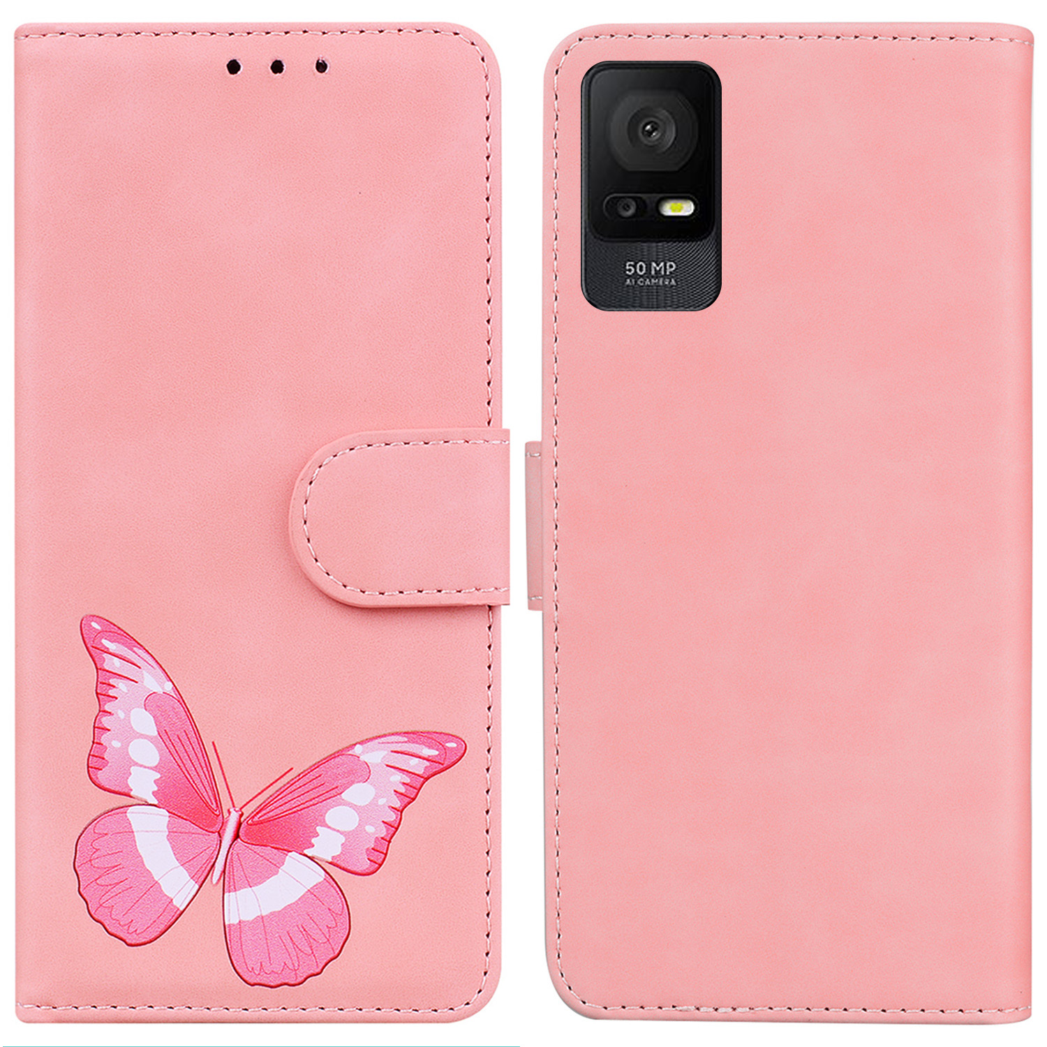 

Für TCL 408 Skin-touch PU Leder Brieftasche Abdeckung Schmetterlingsdruck Flip Ständer Anti-drop-telefonhülle - Rosa, TCL 408