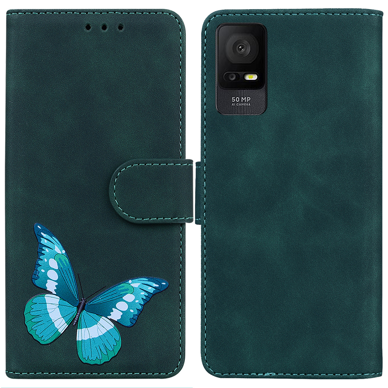 

Für TCL 408 Skin-touch PU Leder Brieftasche Abdeckung Schmetterlingsdruck Flip Ständer Anti-drop-telefonhülle - Grün, TCL 408