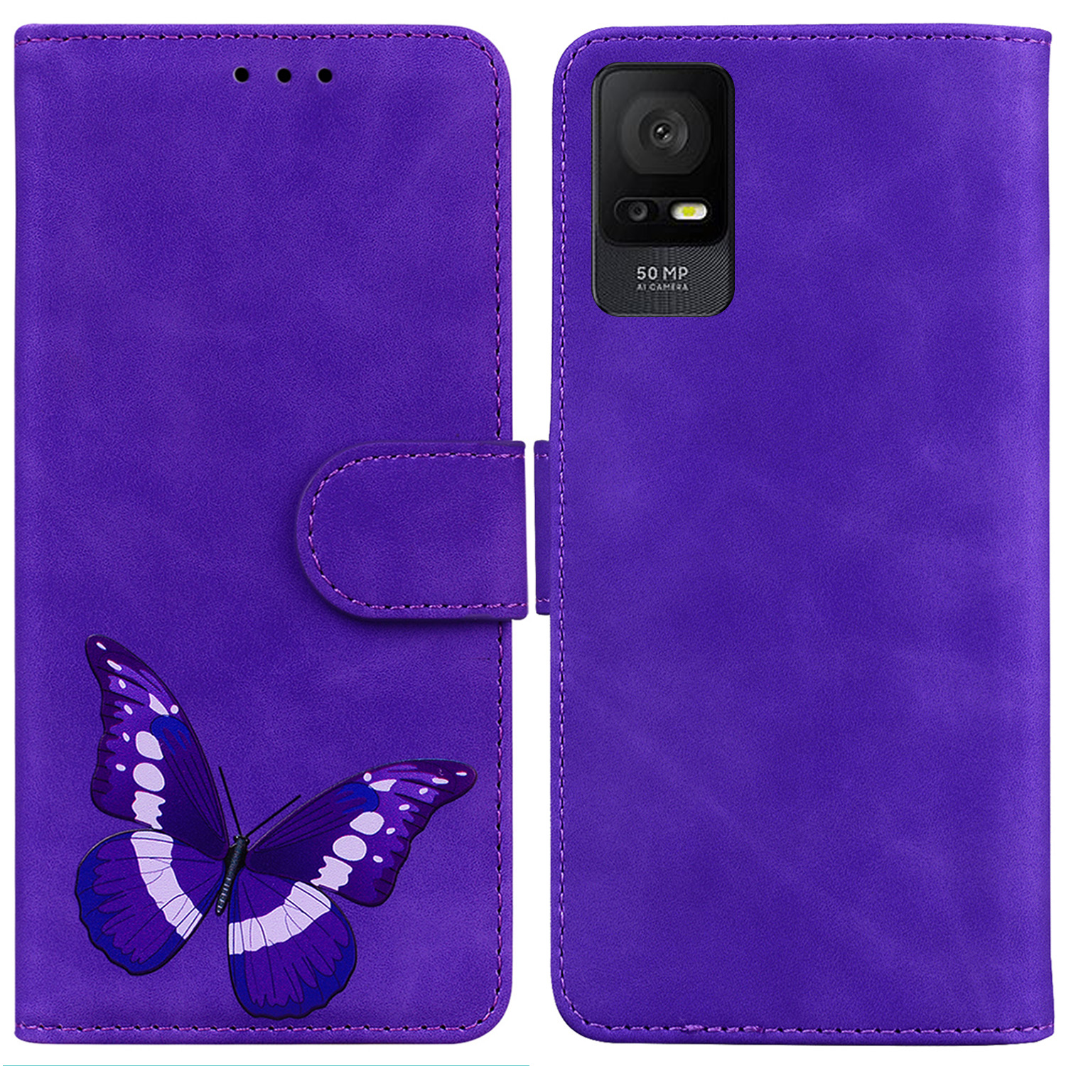 

Für TCL 408 Skin-touch PU Leder Brieftasche Abdeckung Schmetterlingsdruck Flip Ständer Anti-drop-telefonhülle - Lila, TCL 408