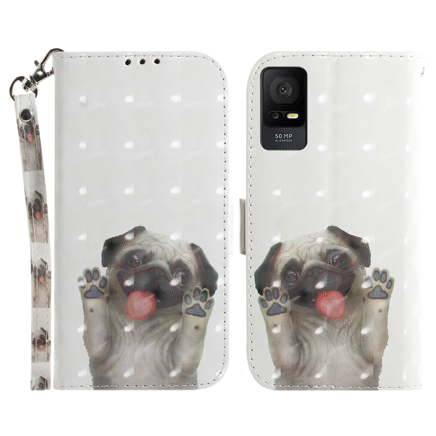

Für TCL 408 Telefon PU Leder Hülle, Musterdruck Brieftasche Ständer Schocksicherer Abdeckung Mit Riemen - Mops, TCL 408