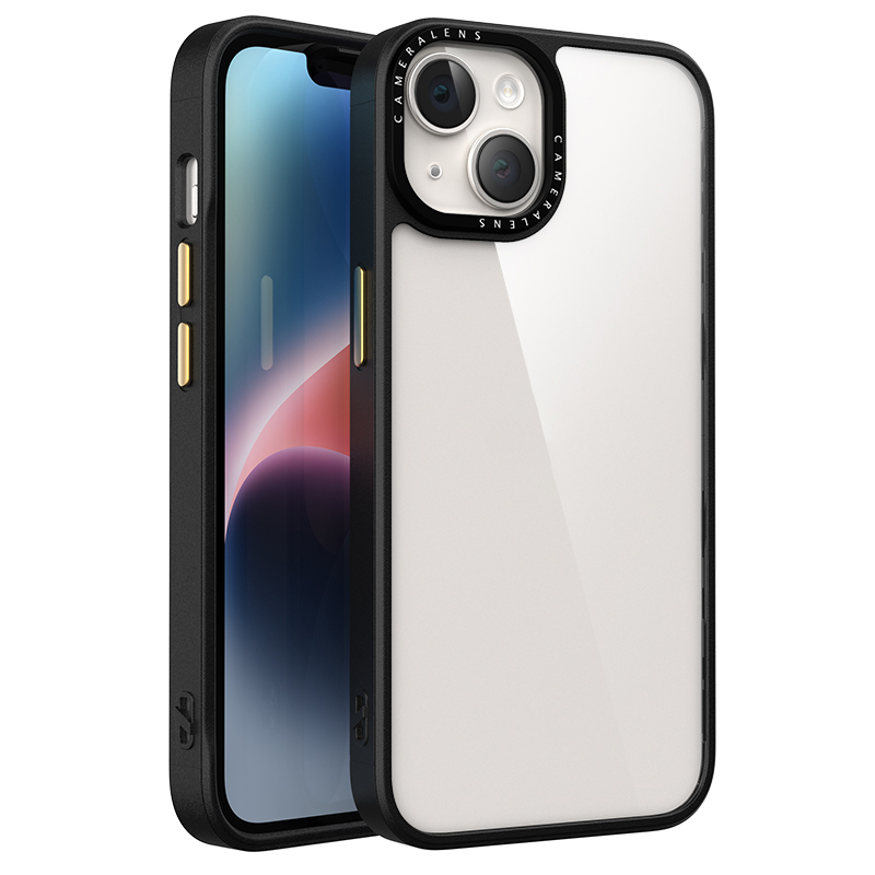 

Für Das Iphone 14 Clear Phone Case PC + TPU Schockfeste Rückzugabdeckung Mit Metalltasten - Schwarz, iPhone 14