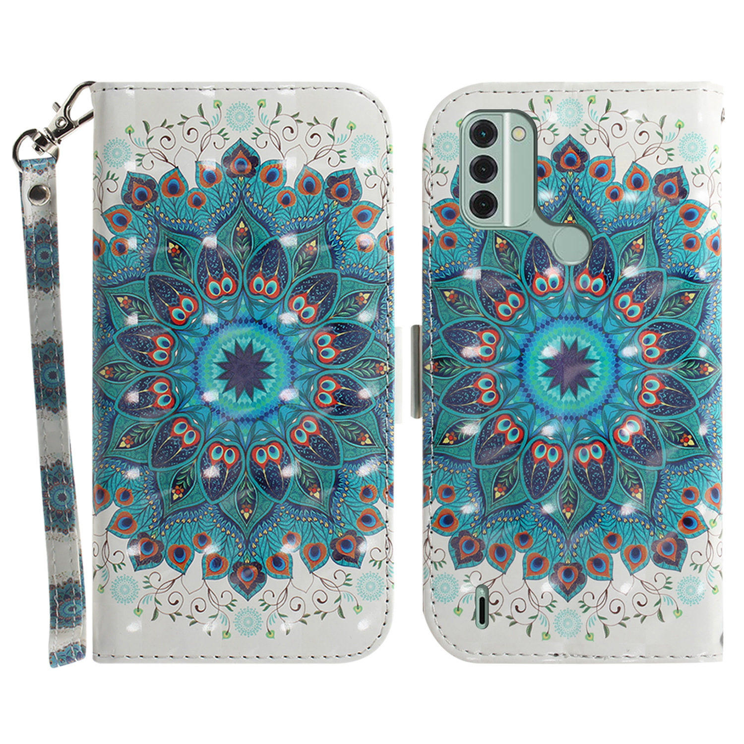 

Für Nokia C31 4G Wallet Phone Haufen Muster Druck PU Leder Flip -abdeckung Mit Riemen - Pfauenkranz, Nokia C31 4G