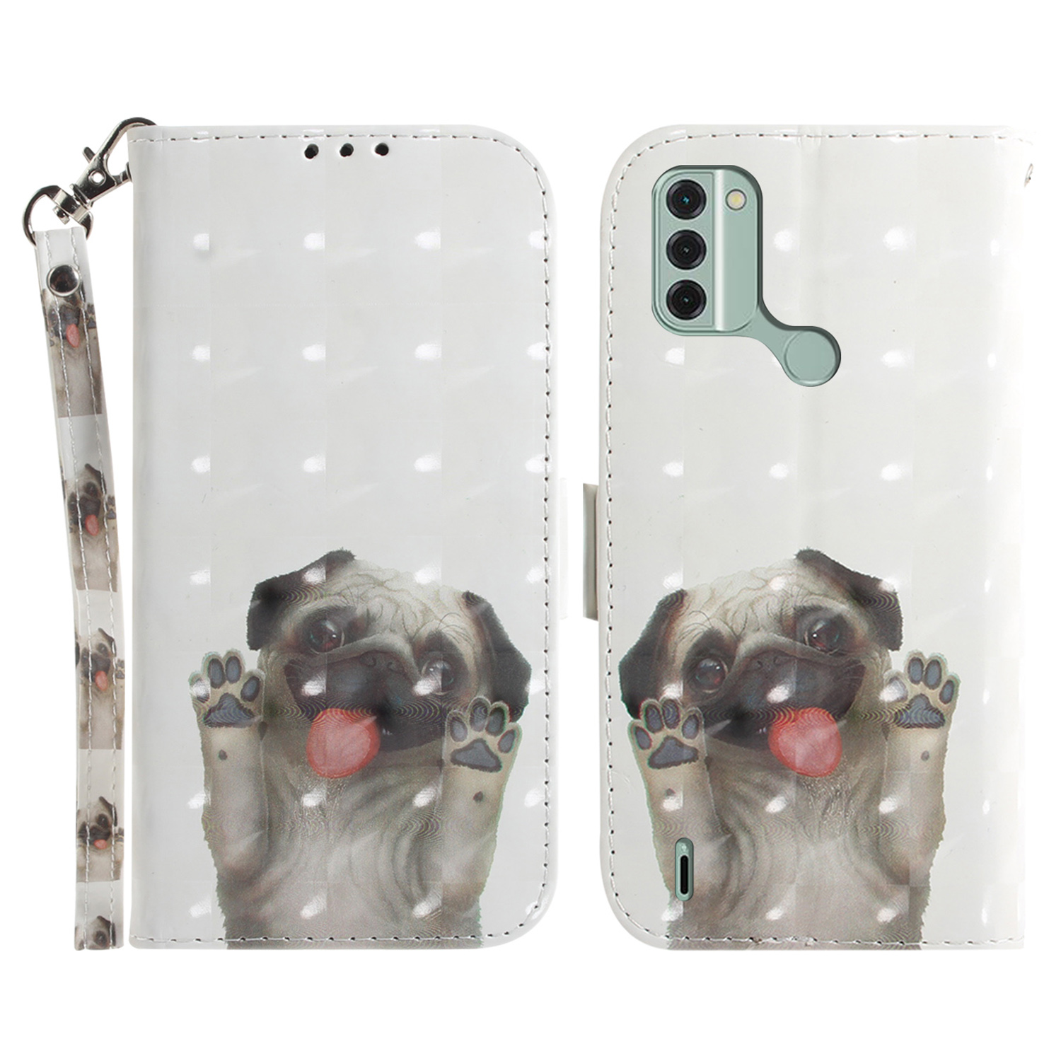 

Für Nokia C31 4G Wallet Phone Haufen Muster Druck PU Leder Flip -abdeckung Mit Riemen - Mops, Nokia C31 4G
