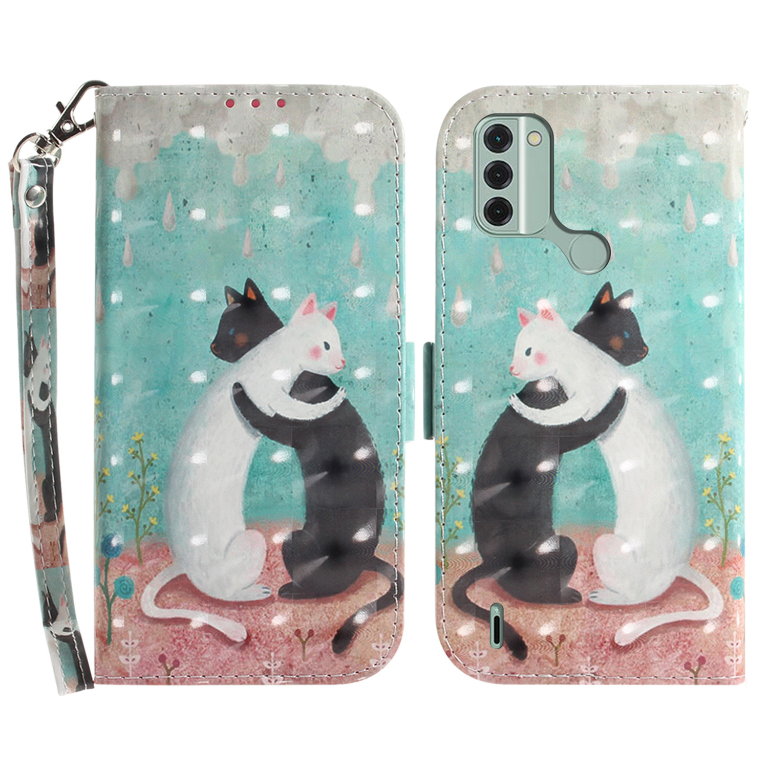 

Für Nokia C31 4G Wallet Phone Haufen Muster Druck PU Leder Flip -abdeckung Mit Riemen - Zwei Katzen, Nokia C31 4G