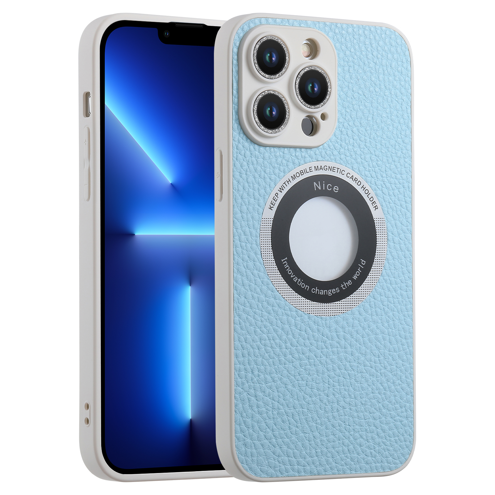 

Für Iphone 13 Pro Max Kompatibel Mit Magsafe Phone Hülle Glitzerglaslinsen Film Leder Beschichtetes TPU -cover - Blau, iPhone 13 Pro Max