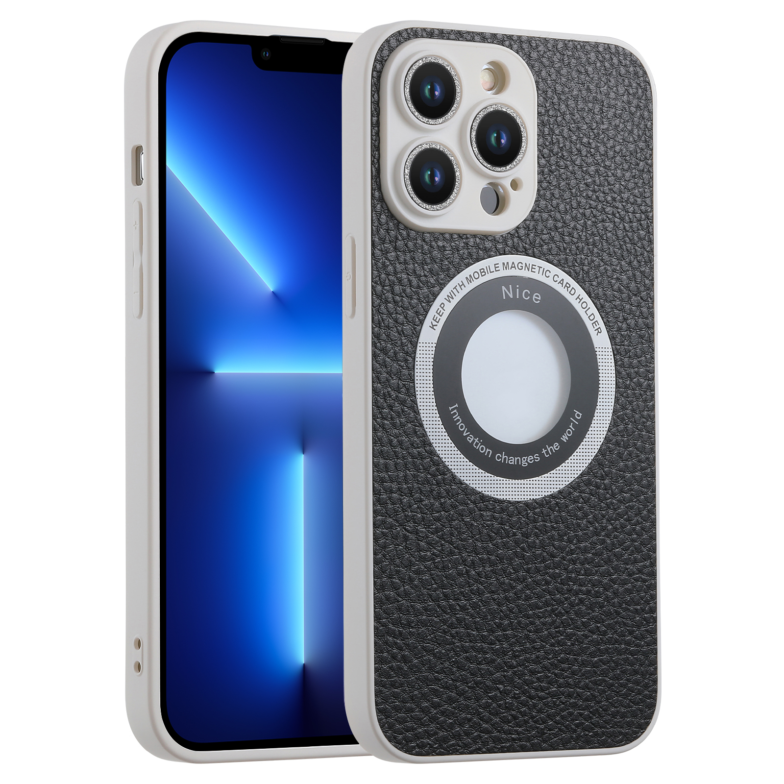 

Für Iphone 13 Pro Max Kompatibel Mit Magsafe Phone Hülle Glitzerglaslinsen Film Leder Beschichtetes TPU -cover - Schwarz, iPhone 13 Pro Max
