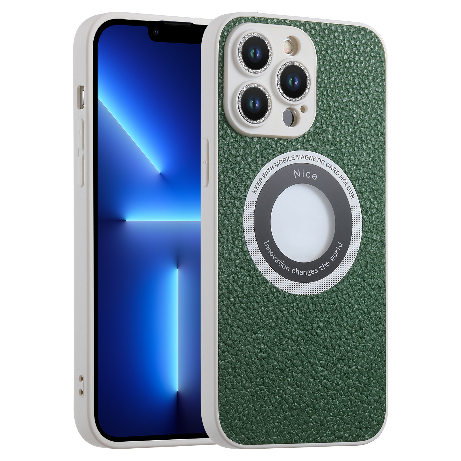 

Für Iphone 13 Pro Max Kompatibel Mit Magsafe Phone Hülle Glitzerglaslinsen Film Leder Beschichtetes TPU -cover - Grün, iPhone 13 Pro Max