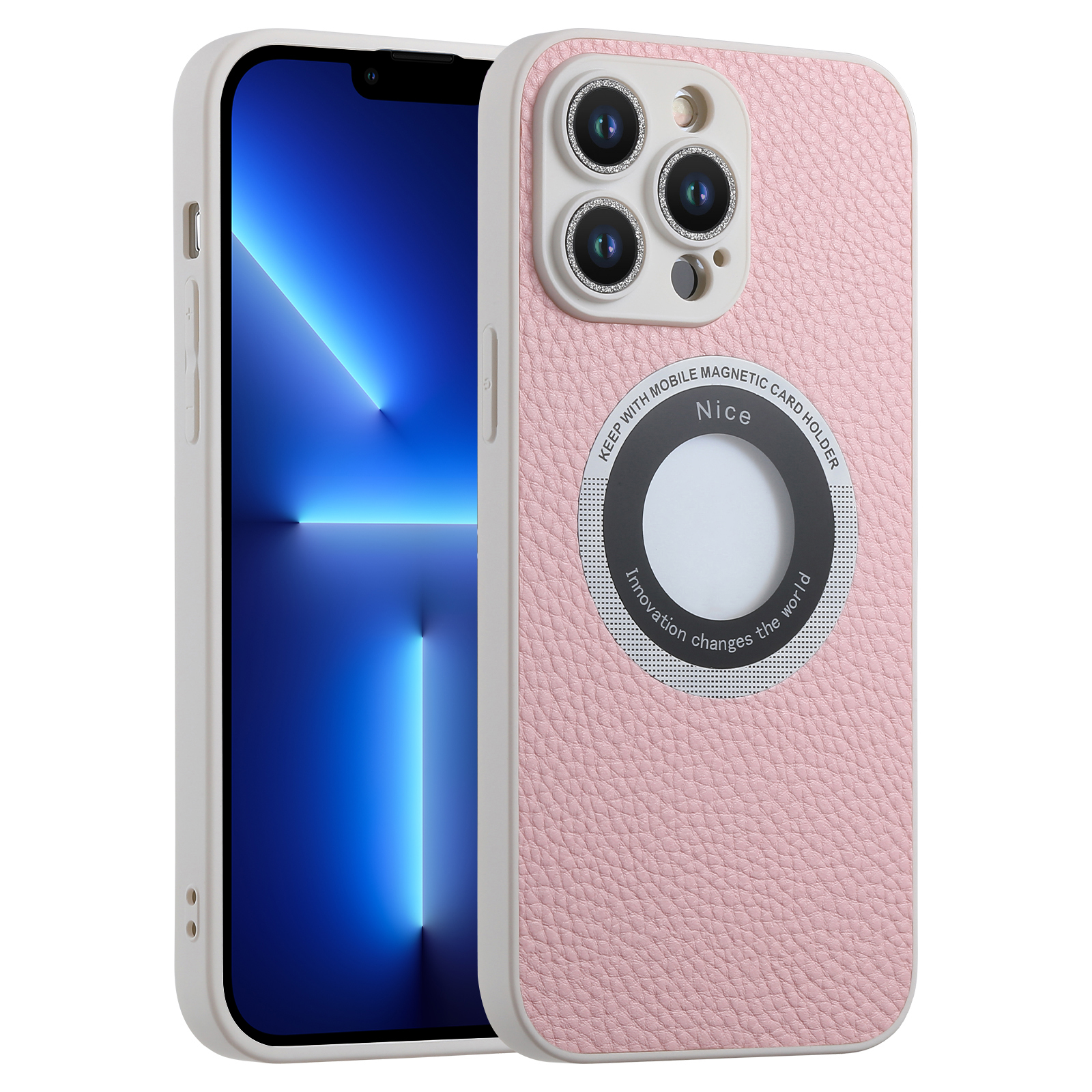 

Für Iphone 13 Pro Max Kompatibel Mit Magsafe Phone Hülle Glitzerglaslinsen Film Leder Beschichtetes TPU -cover - Rosa, iPhone 13 Pro Max