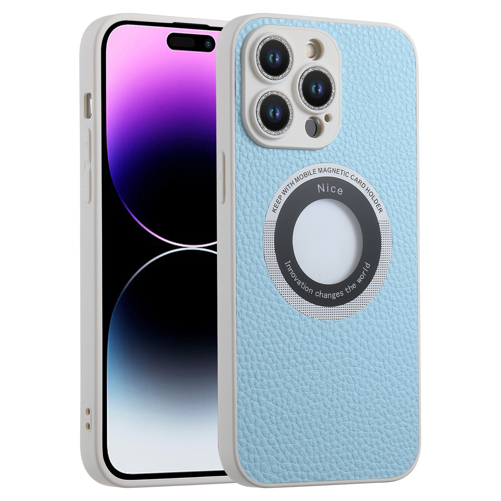 

Für Iphone 14 Pro Leder Beschichtete TPU -telefonhülle Kompatibel Mit Magsafe, Glitter Glass Lens Protector Phone Deckung - Blau, iPhone 14 Pro
