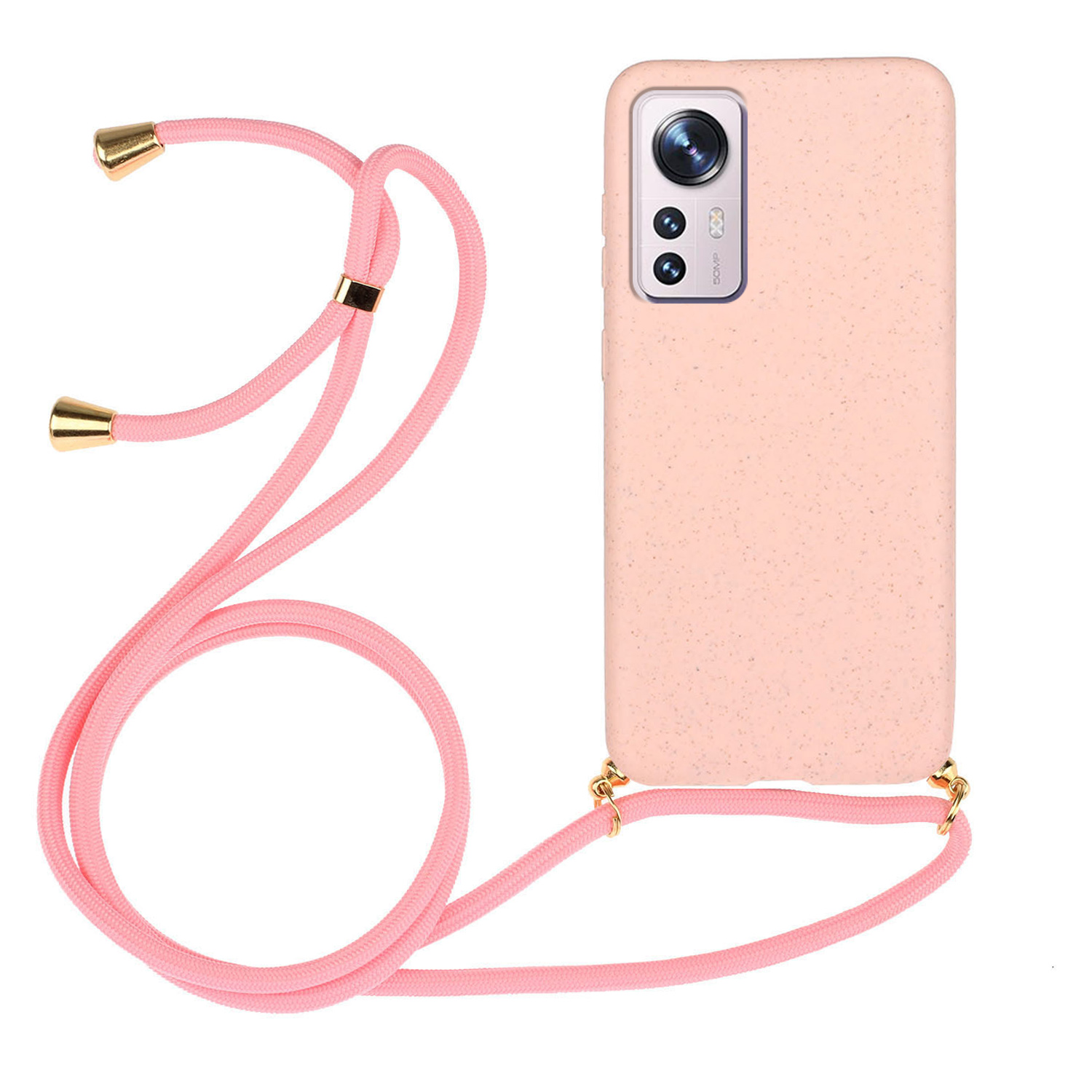 

Für Xiaomi 12 5g / 12x 5g / 12S 5G Mobilfunkkoffer Biologisch Abbaubarer Weizenstroh+tpu -rückdecke Mit Lanyard - Rosa, Xiaomi 12 5G