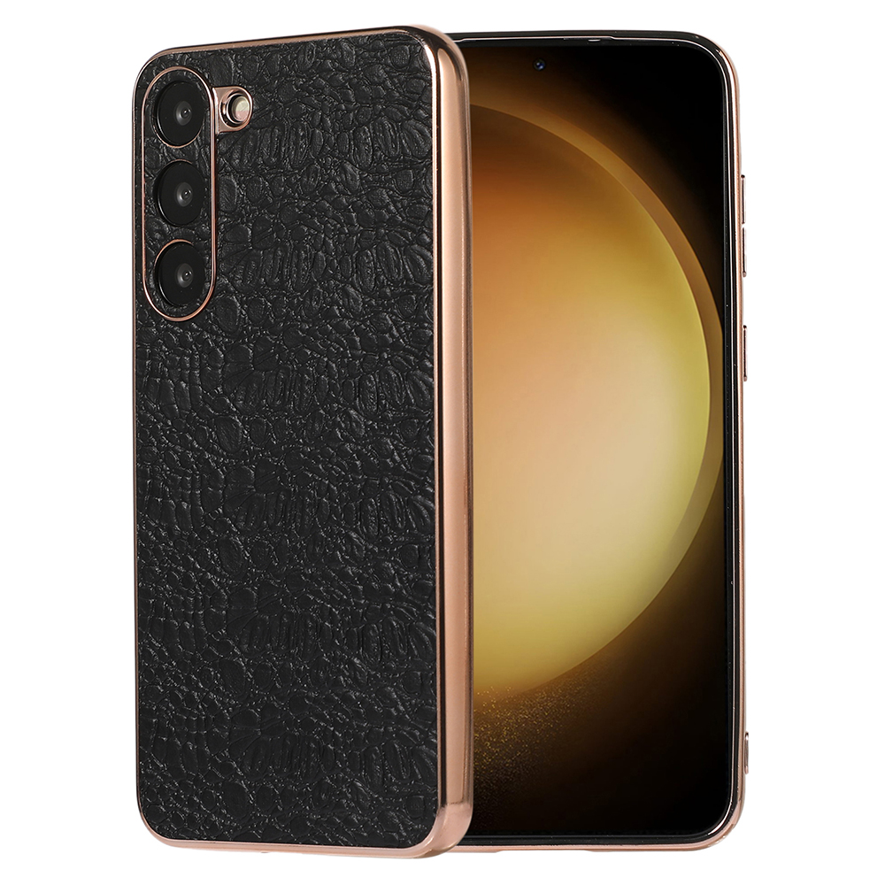 

Für Samsung Galaxy S23 Nano Electroplating Echtes Kuhleder -leder -schicht -deckungsabdeckung TPU+PC Bottom Case - Schwarz, Galaxy S23