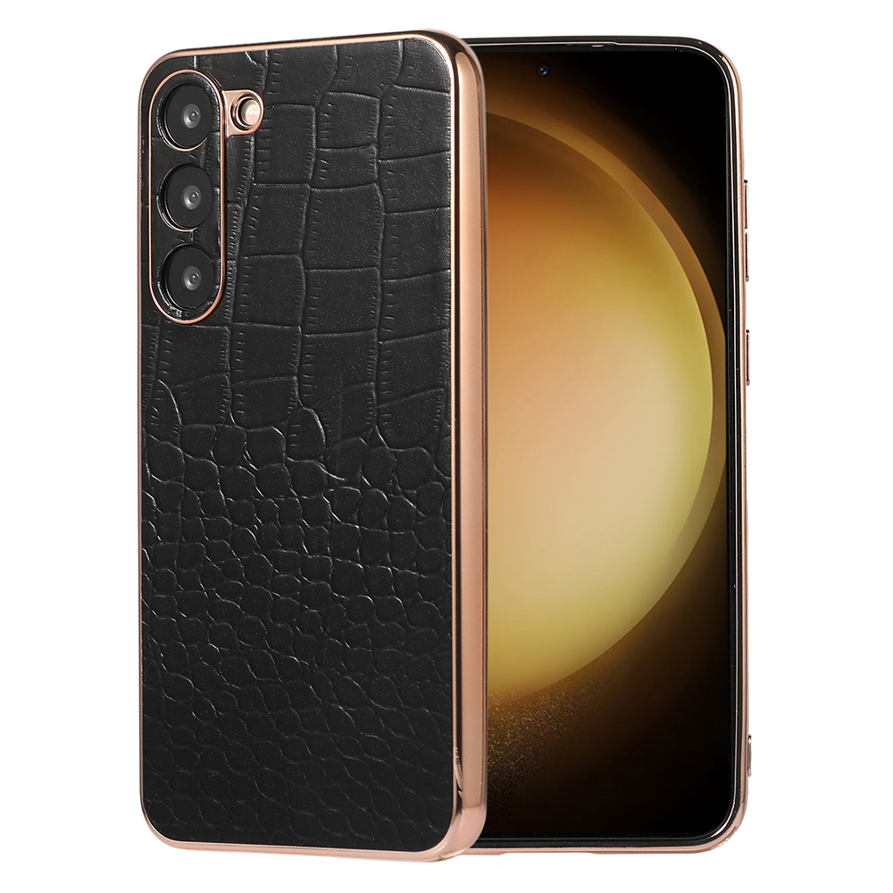 

Für Samsung Galaxy S23+ Nano Electroplating Phone Hülle Echtes Kuhpferd -leder -beschichtete Tpu+ pc -abdeckung - Schwarz, Galaxy S23+