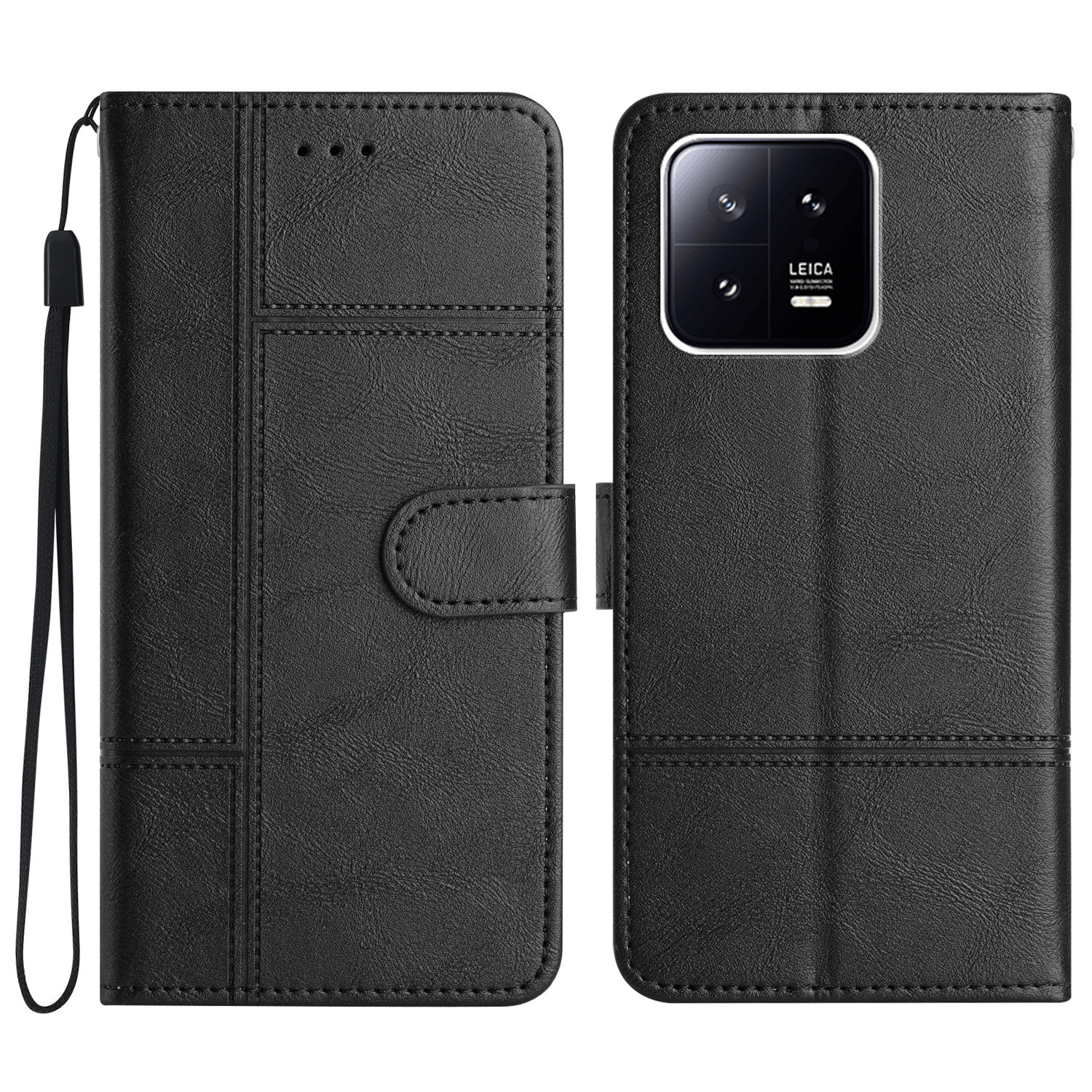 

Für Xiaomi 13 5G Wallet-art-telefonhülle PU Leder Line Gedruckte Stand Cover Mit Riemen - Schwarz, Xiaomi 13
