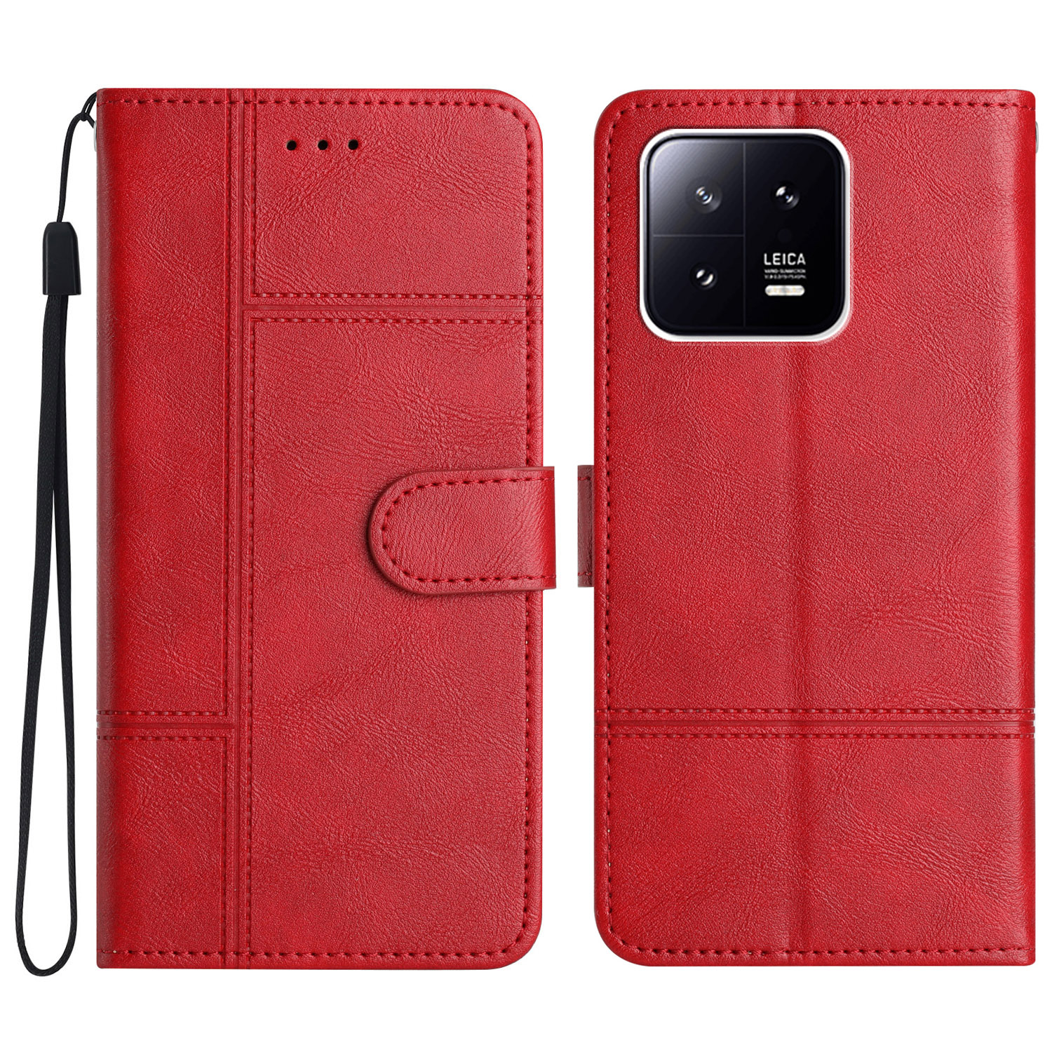 

Für Xiaomi 13 5G Wallet-art-telefonhülle PU Leder Line Gedruckte Stand Cover Mit Riemen - Rot, Xiaomi 13