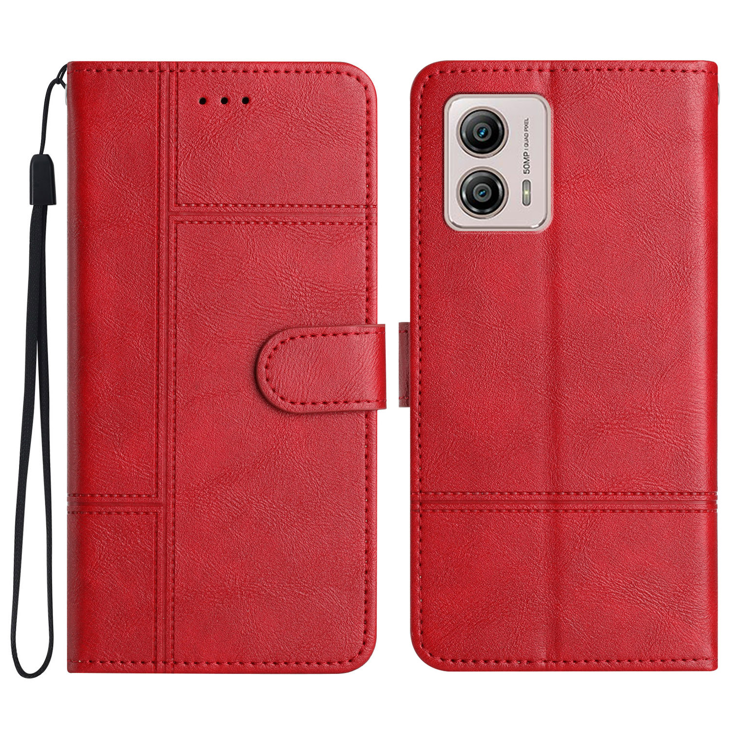 

Für Motorola Moto G73 5G PU Leder Business Style Phone Hülle Leitung Geprägter Stand Cowide Textur Brieftaschenabdeckung Mit Riemen - Rot, Motorola Moto G73 5G