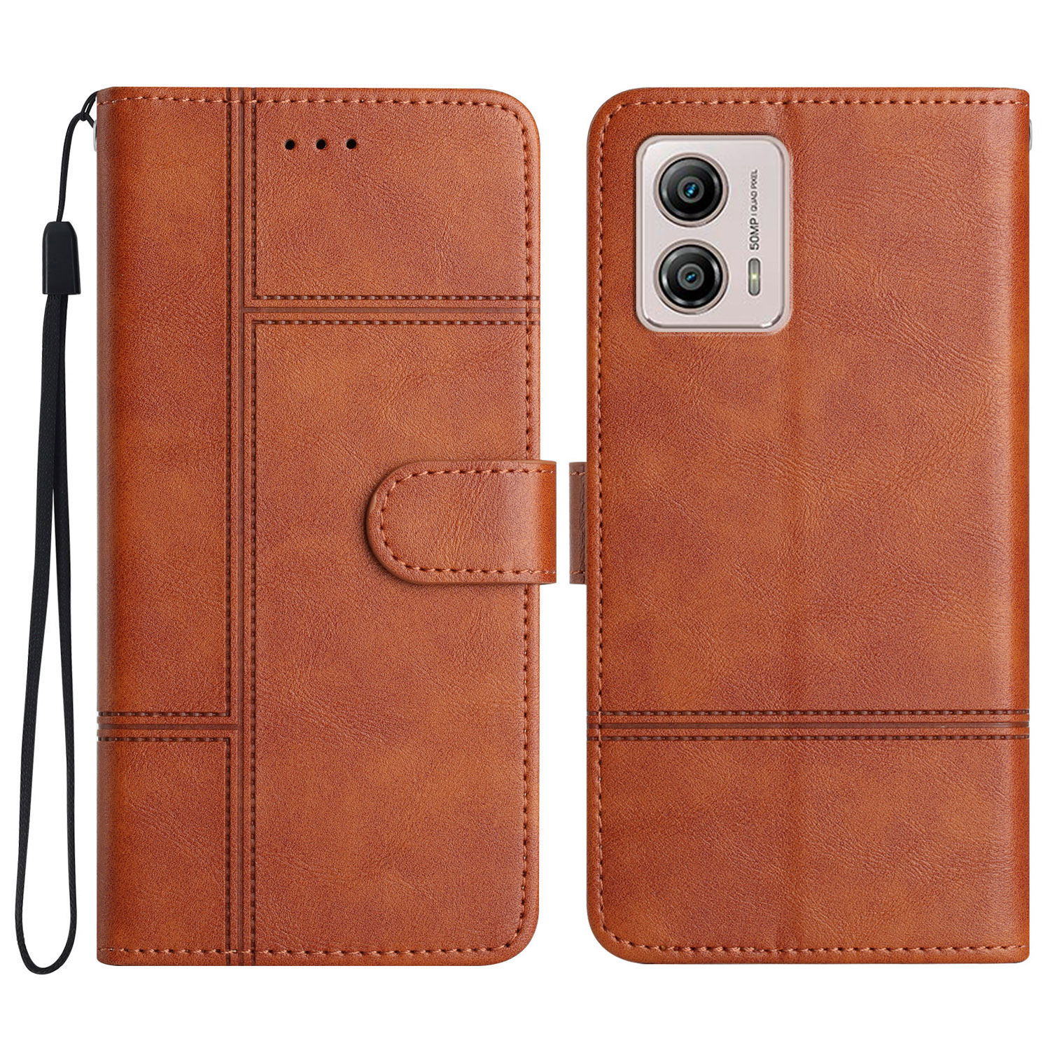 

Für Motorola Moto G73 5G PU Leder Business Style Phone Hülle Leitung Geprägter Stand Cowide Textur Brieftaschenabdeckung Mit Riemen - Braun, Motorola Moto G73 5G