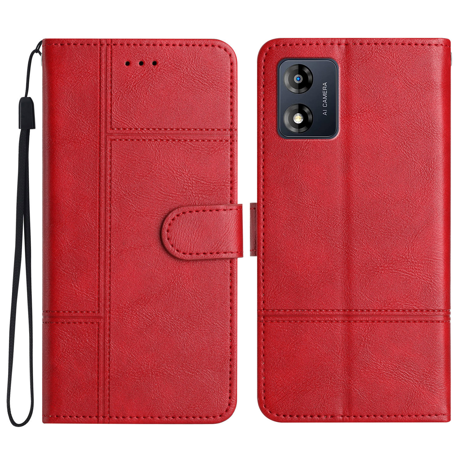 

Für Motorola Moto E13 4G Business PU Leder Cowhide Textur Decklinie Geprinktes Stand Brieftasche Telefonhülle Mit Riemen - Rot, Motorola Moto E13 4G